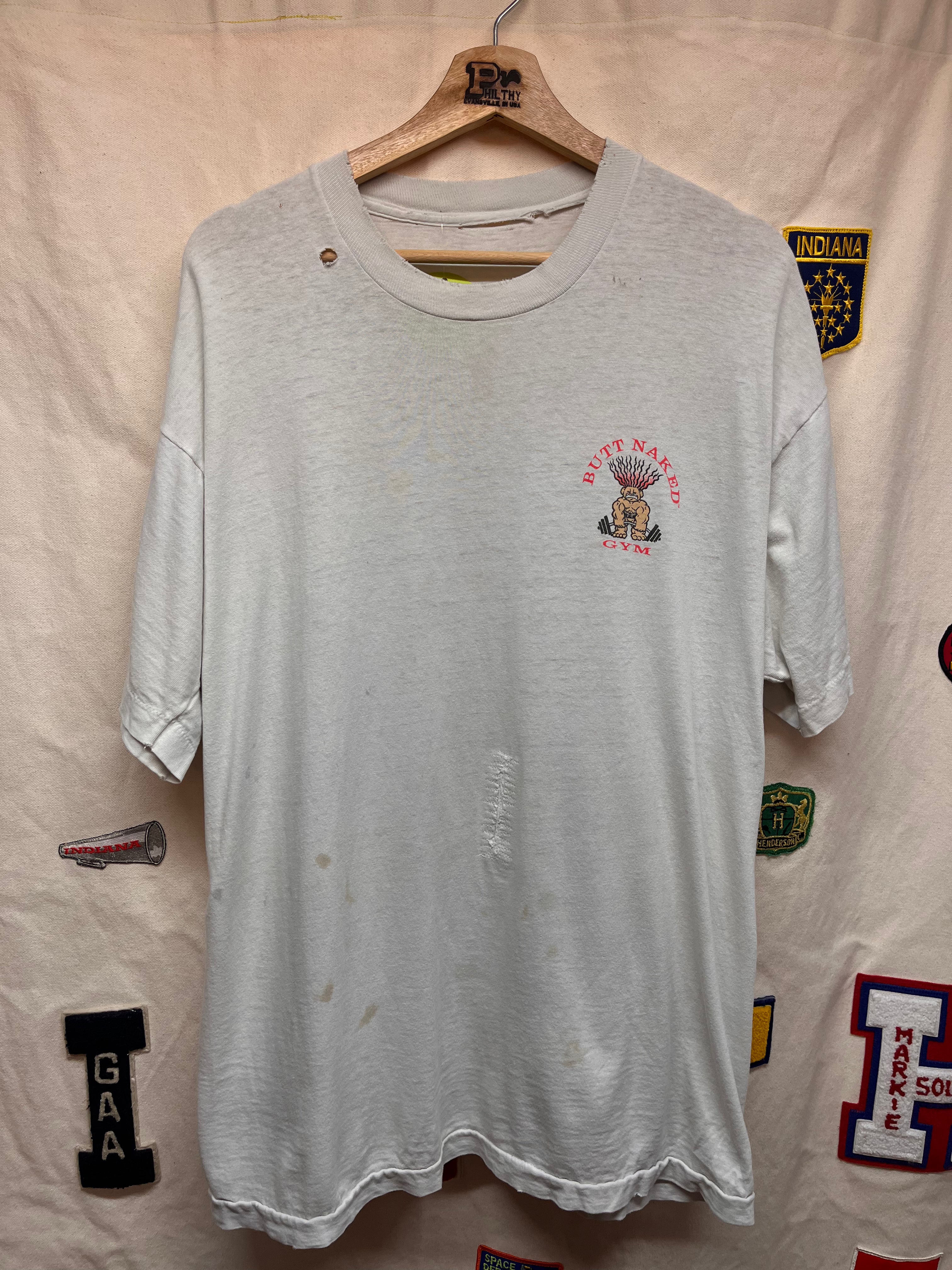 Vintage Butt Naked Gym Troll Lifting 90's Distressed White T-Shirt: XL