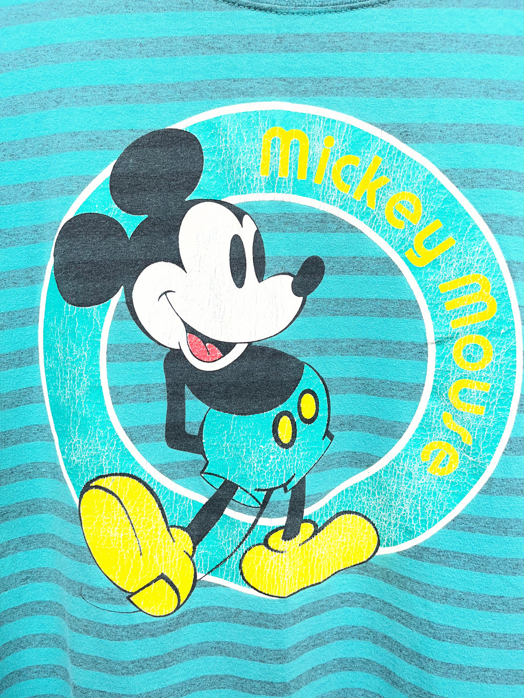 Vintage Mickey Mouse Striped Teal 90's T-Shirt: XL