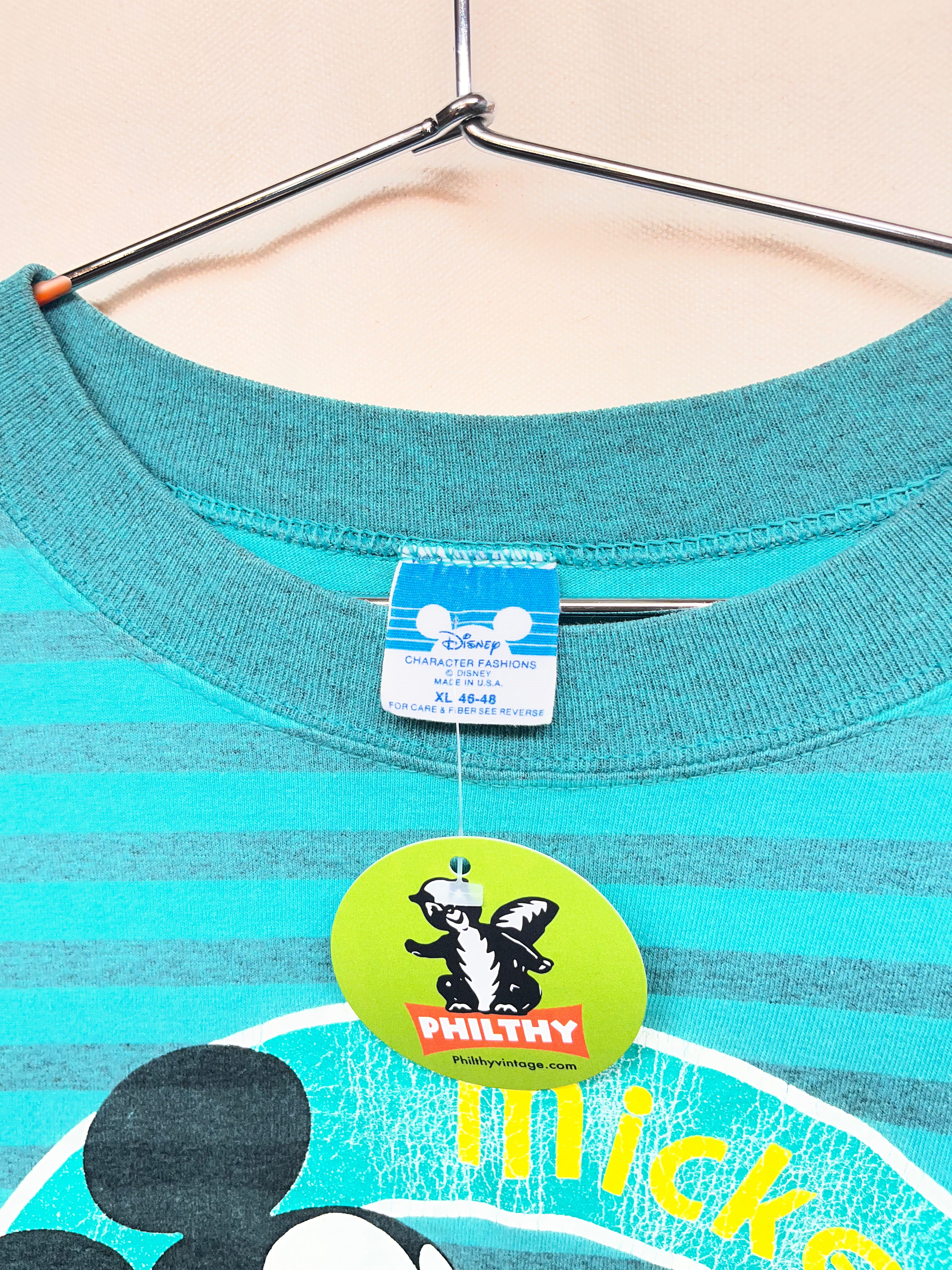 Vintage Mickey Mouse Striped Teal 90's T-Shirt: XL
