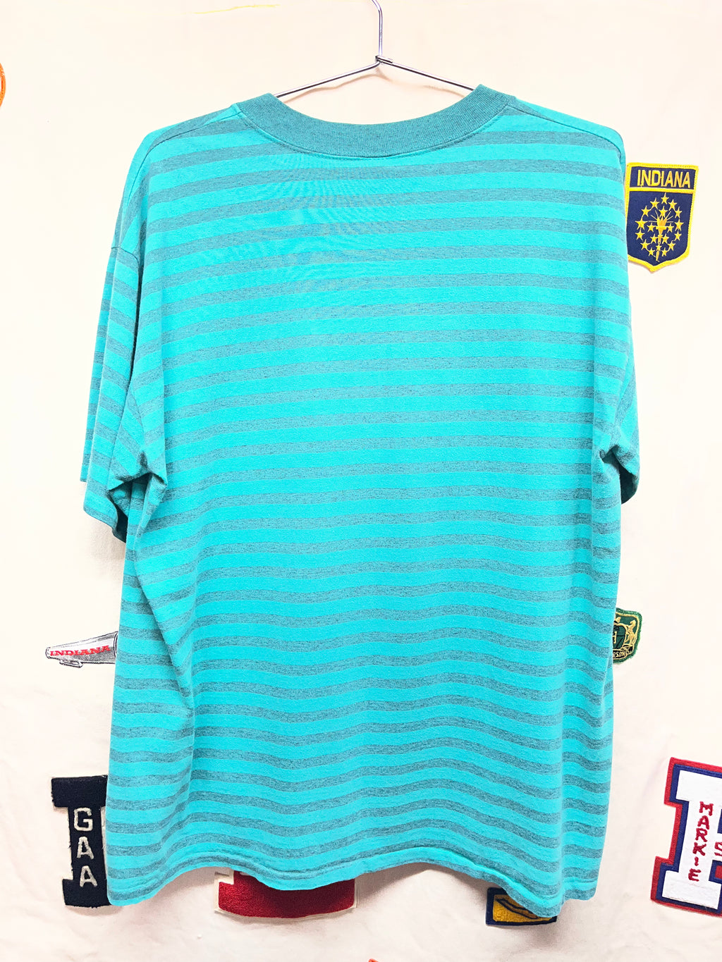 Vintage Mickey Mouse Striped Teal 90's T-Shirt: XL