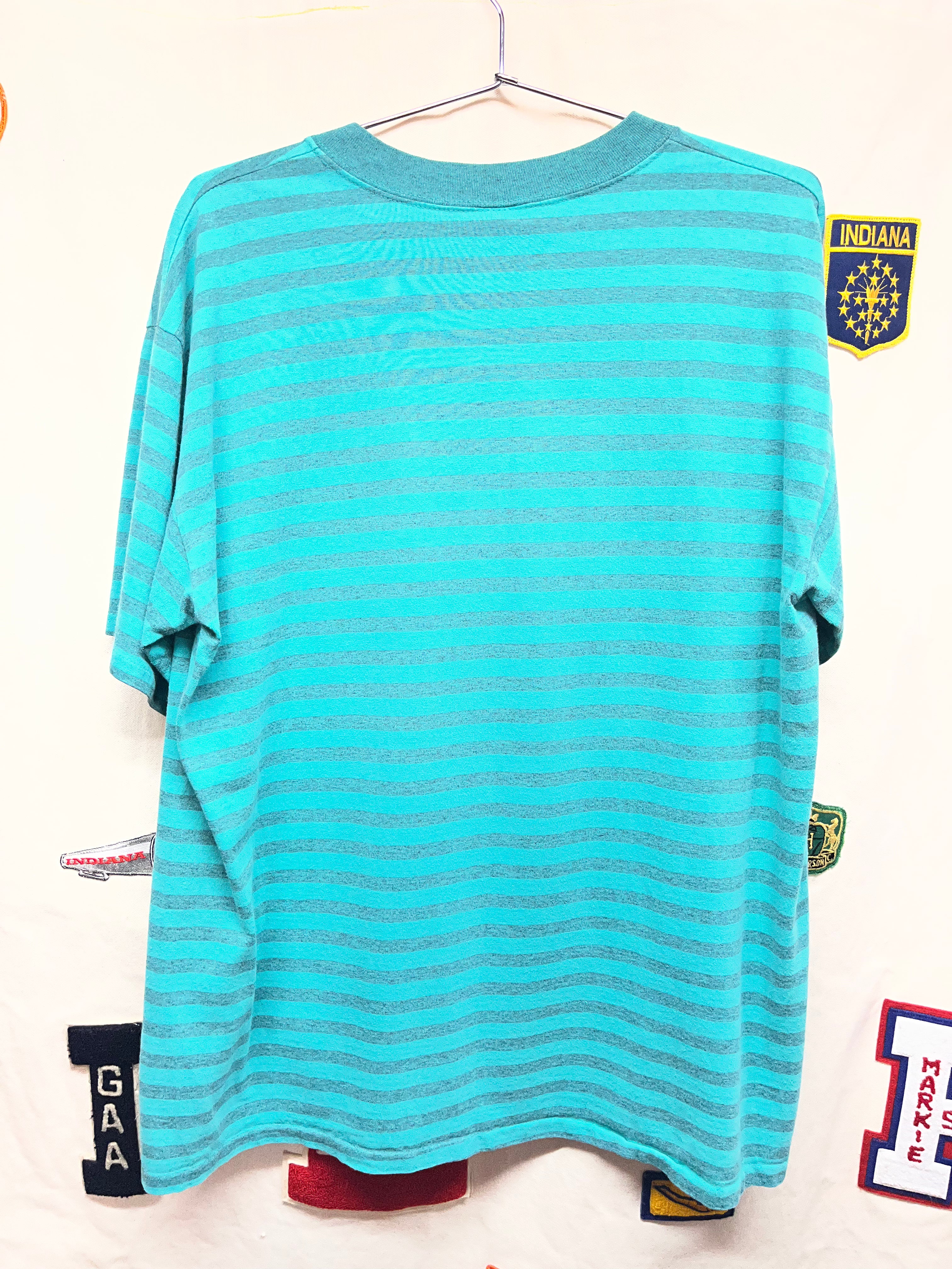 Vintage Mickey Mouse Striped Teal 90's T-Shirt: XL