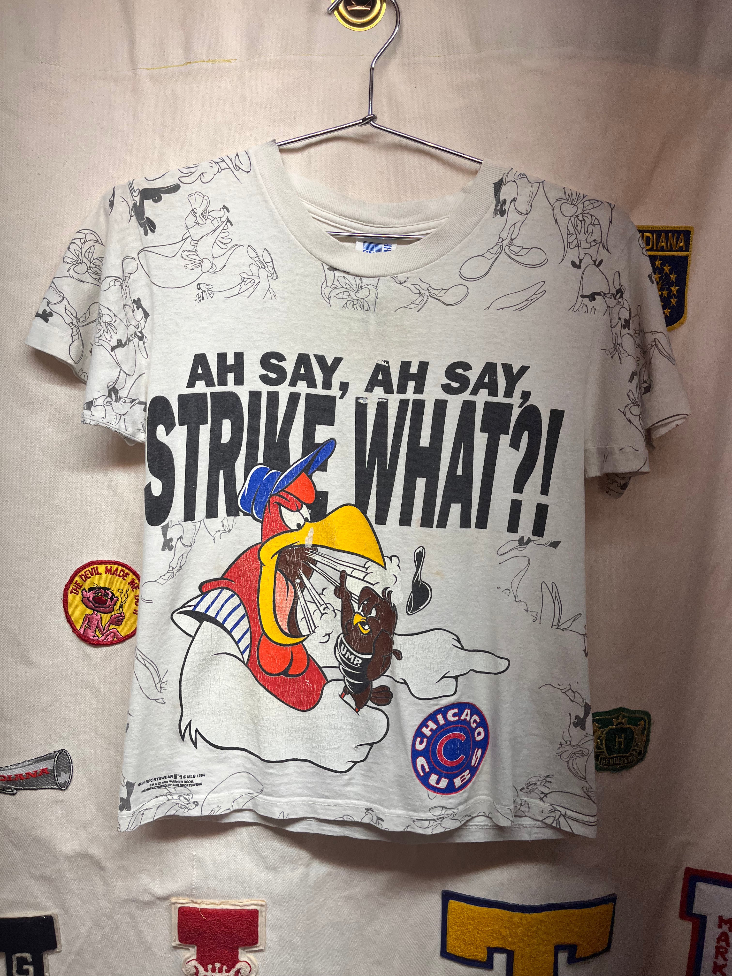 Vintage Looney Tunes Chicago Cubs Strike 1994 All Over Print T-Shirt: Youth Large