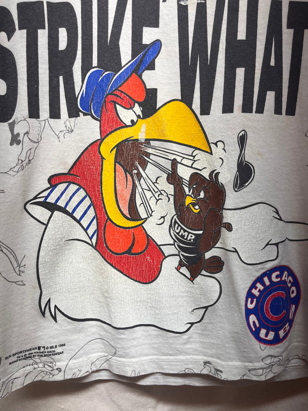 Vintage Looney Tunes Chicago Cubs Strike 1994 All Over Print T-Shirt: Youth Large