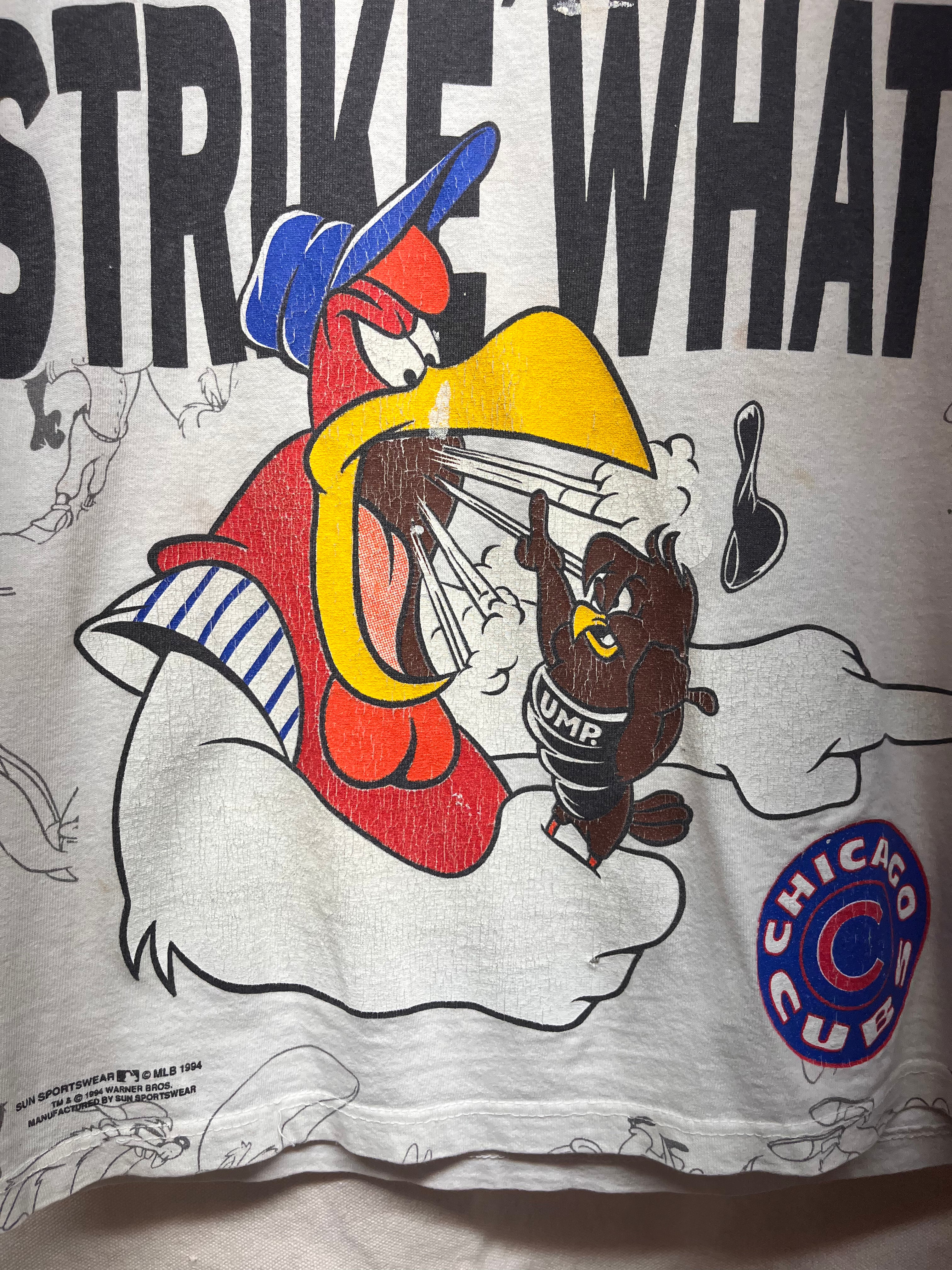 Vintage Looney Tunes Chicago Cubs Strike 1994 All Over Print T-Shirt: Youth Large