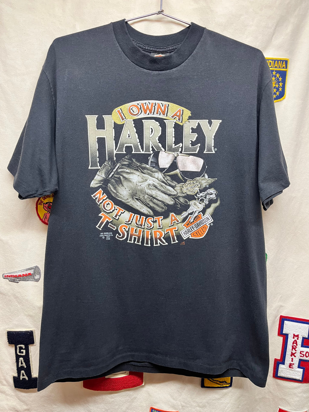 Vtg I Own A Harley Davidson Not Just 1991 3D Emblem Biker T-Shirt: XL