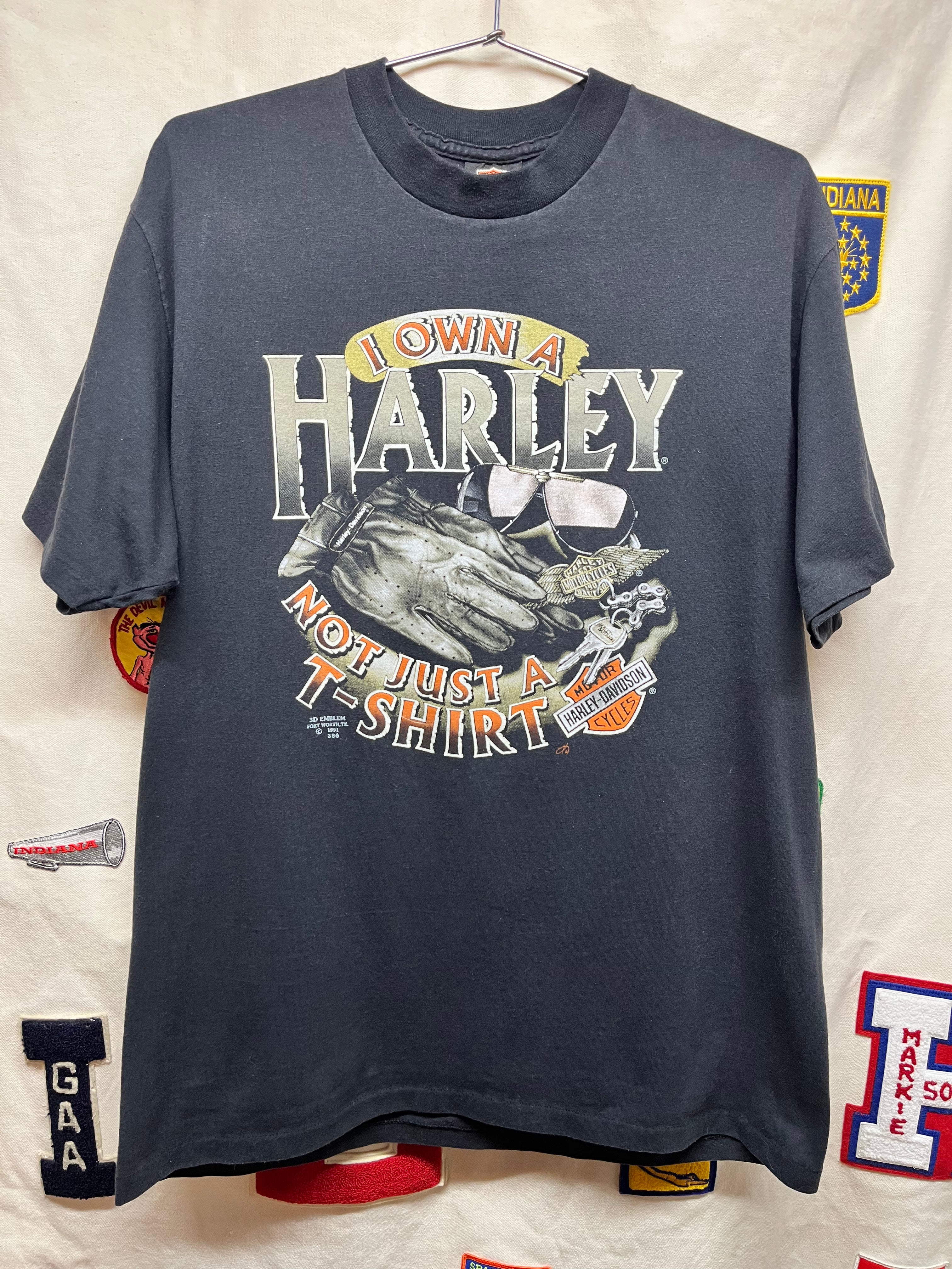 Vtg I Own A Harley Davidson Not Just 1991 3D Emblem Biker T-Shirt: XL