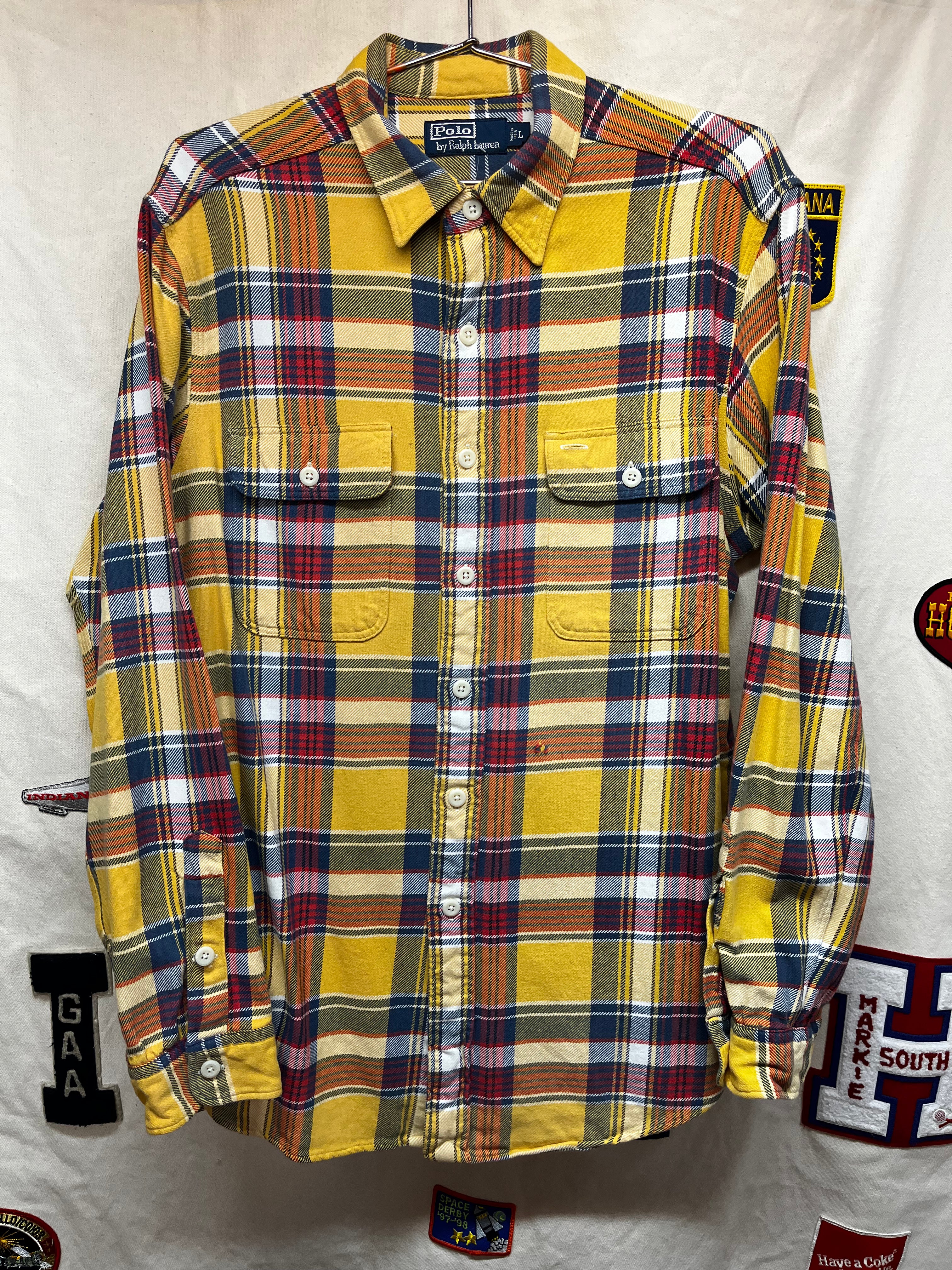 Vintage Polo Ralph Lauren Yellow Plaid Flannel Shirt: Large