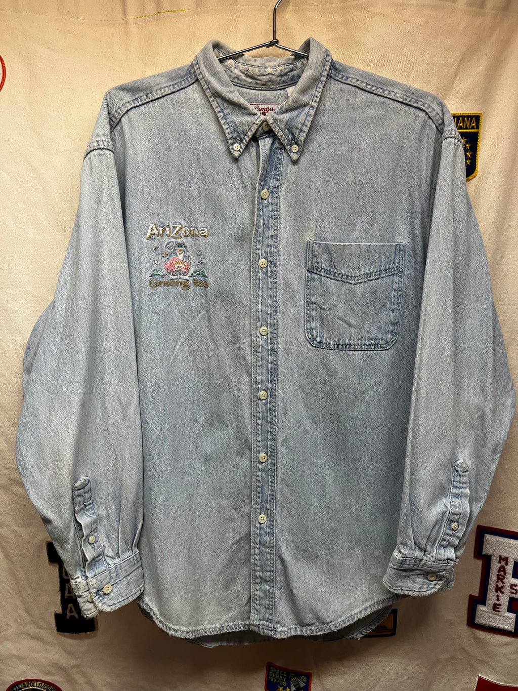 Vintage Arizona Ginseng Tea Embroidered Denim Button Up Prentiss Shirt: Large
