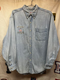 Vintage Arizona Ginseng Tea Embroidered Denim Button Up Prentiss Shirt: Large