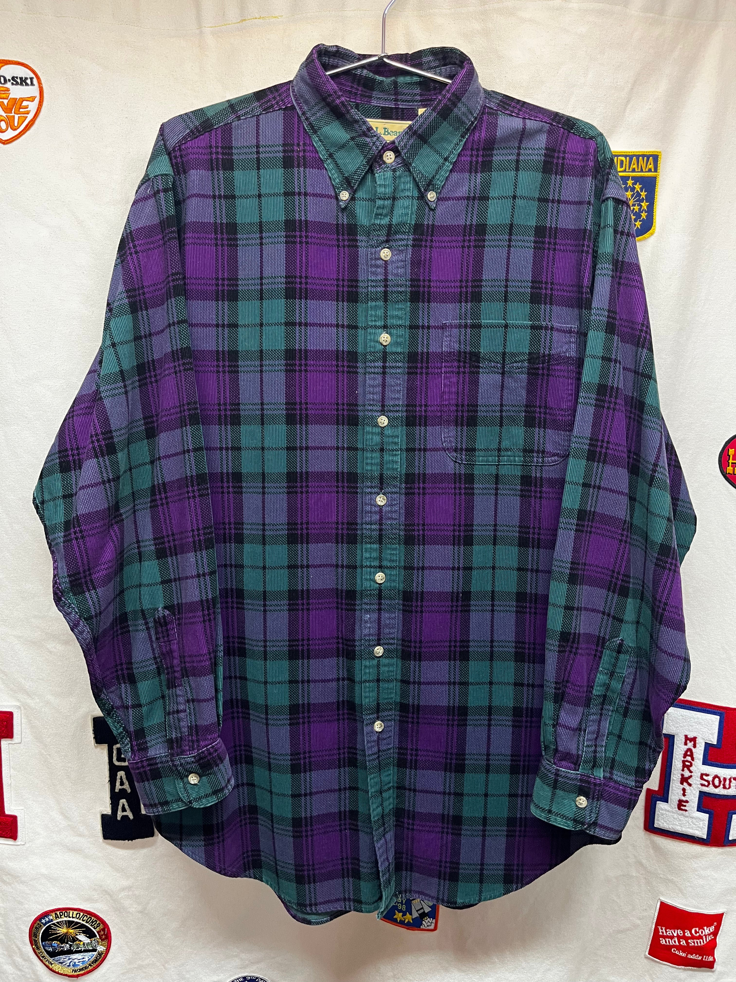 Vintage LL Bean Purple Green Plaid Corduroy Button Up Shirt: Large Tall
