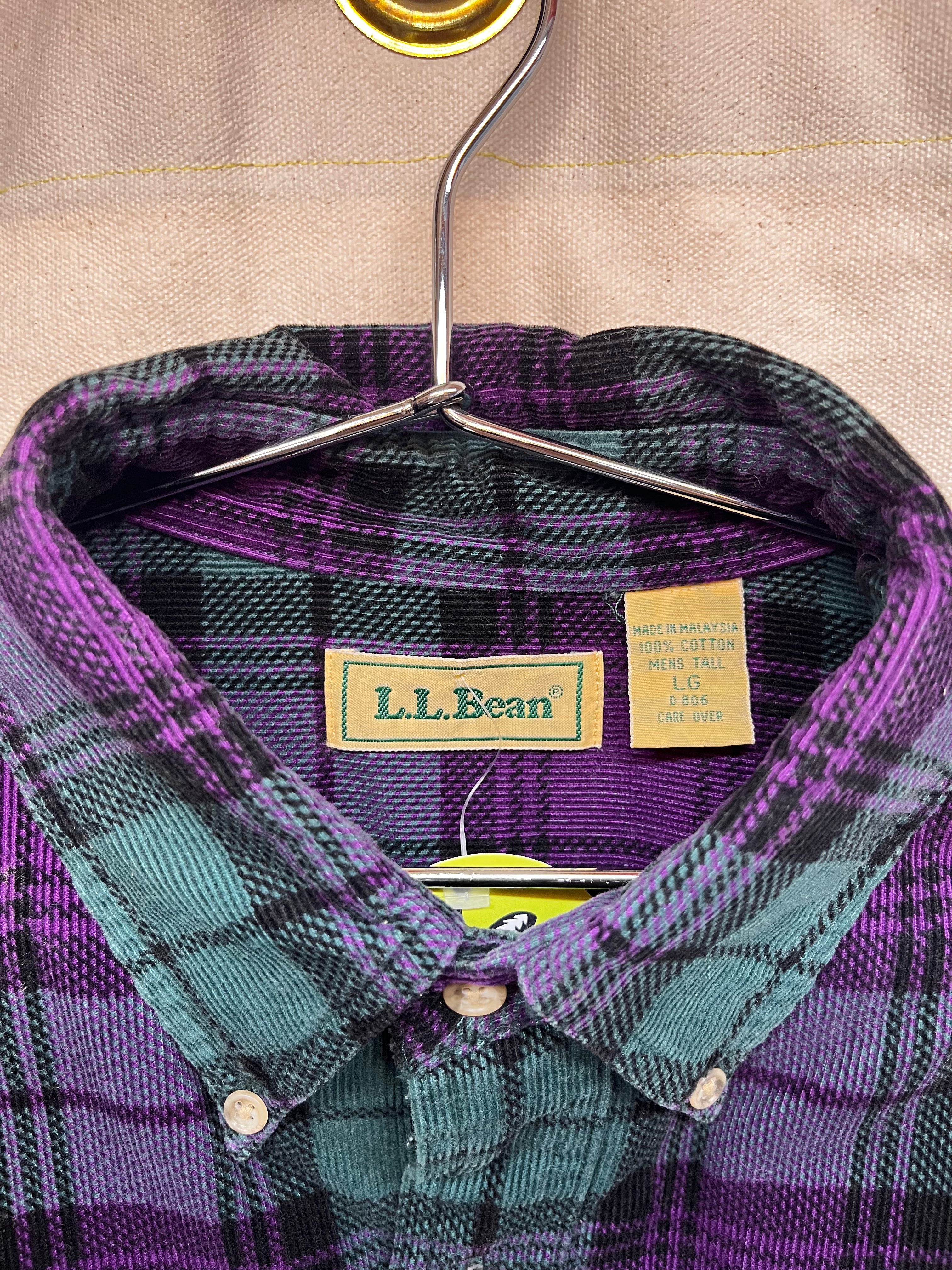 Vintage LL Bean Purple Green Plaid Corduroy Button Up Shirt: Large Tall
