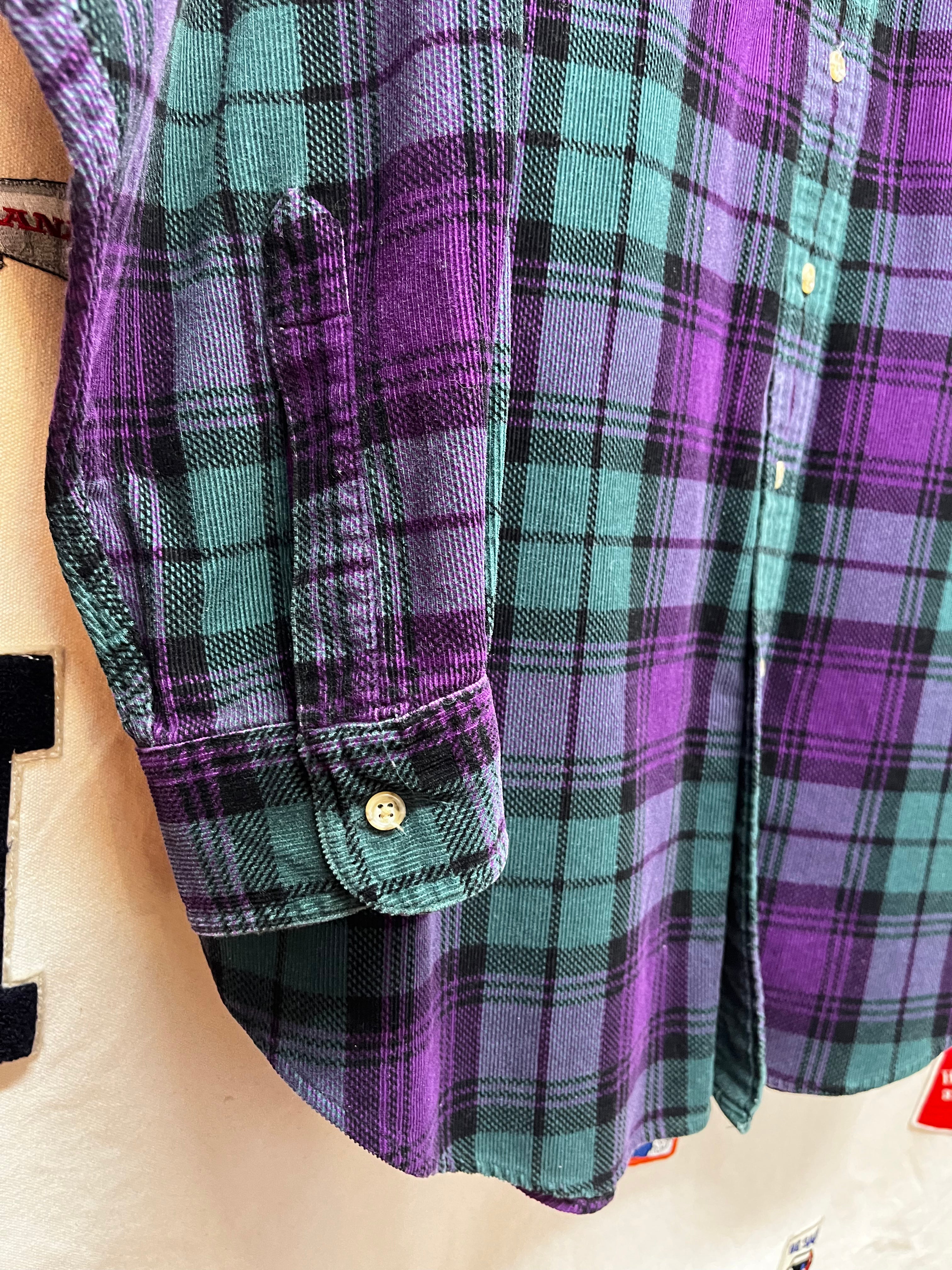 Vintage LL Bean Purple Green Plaid Corduroy Button Up Shirt: Large Tall