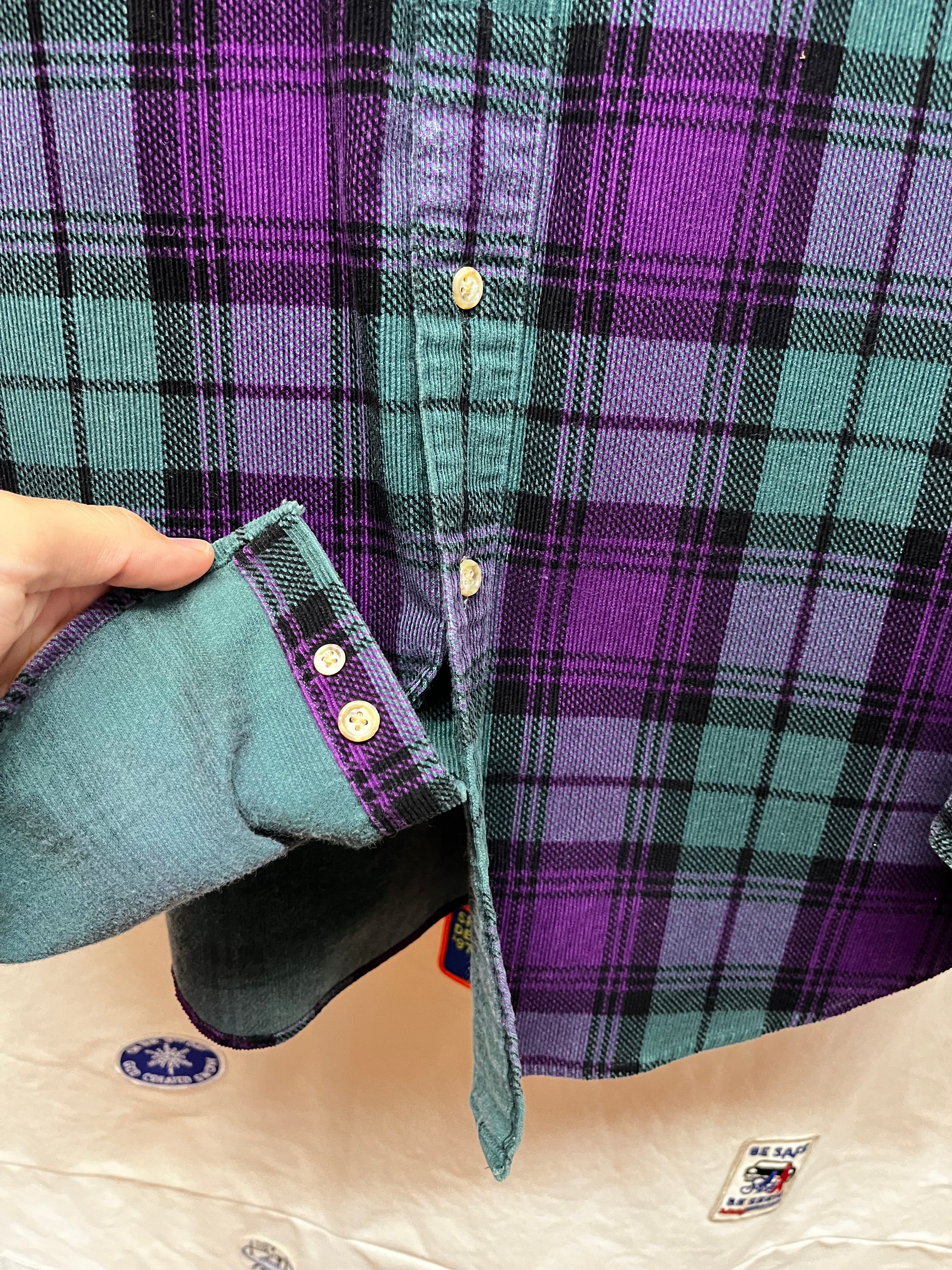 Vintage LL Bean Purple Green Plaid Corduroy Button Up Shirt: Large Tall