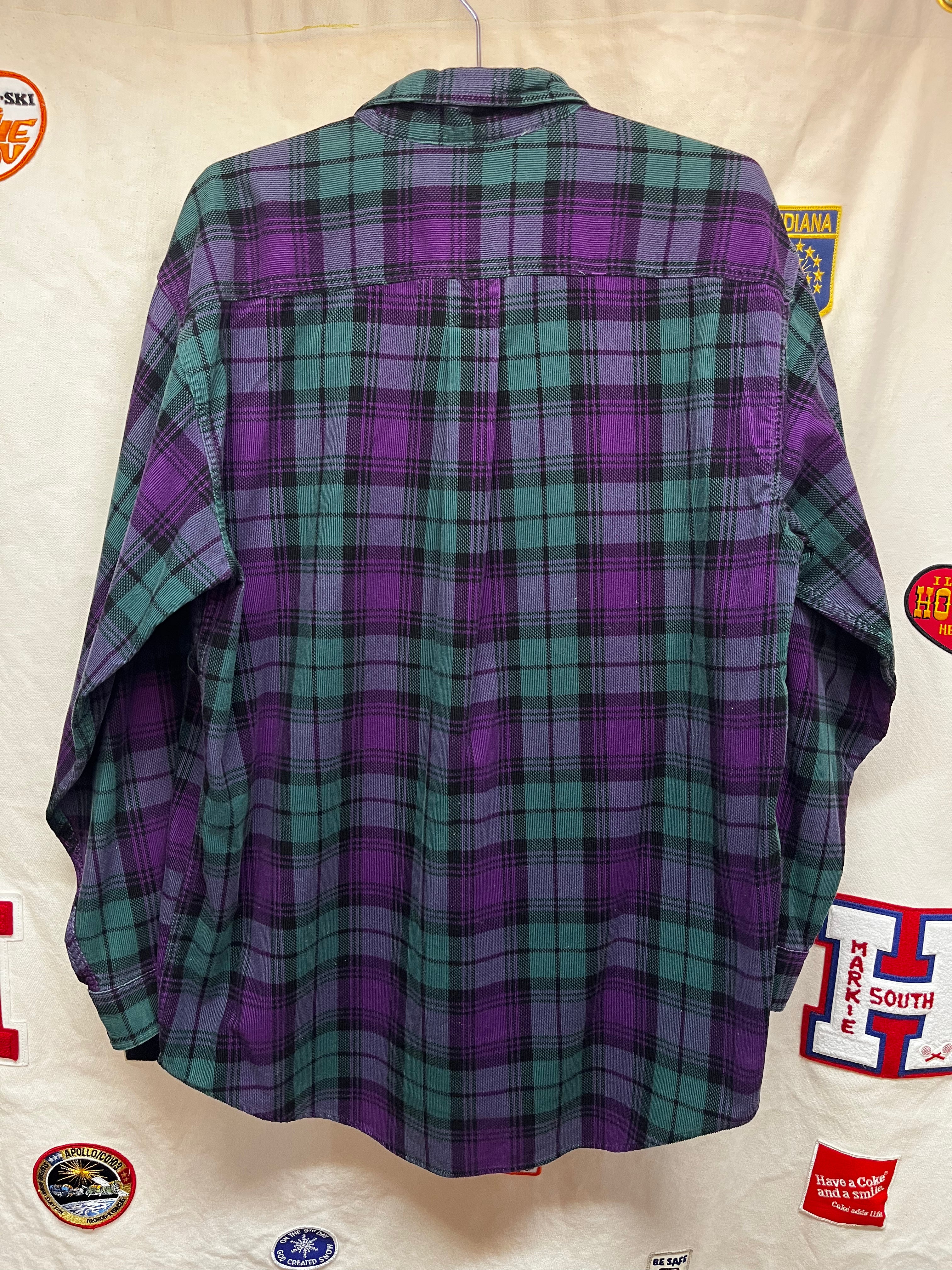 Vintage LL Bean Purple Green Plaid Corduroy Button Up Shirt: Large Tall