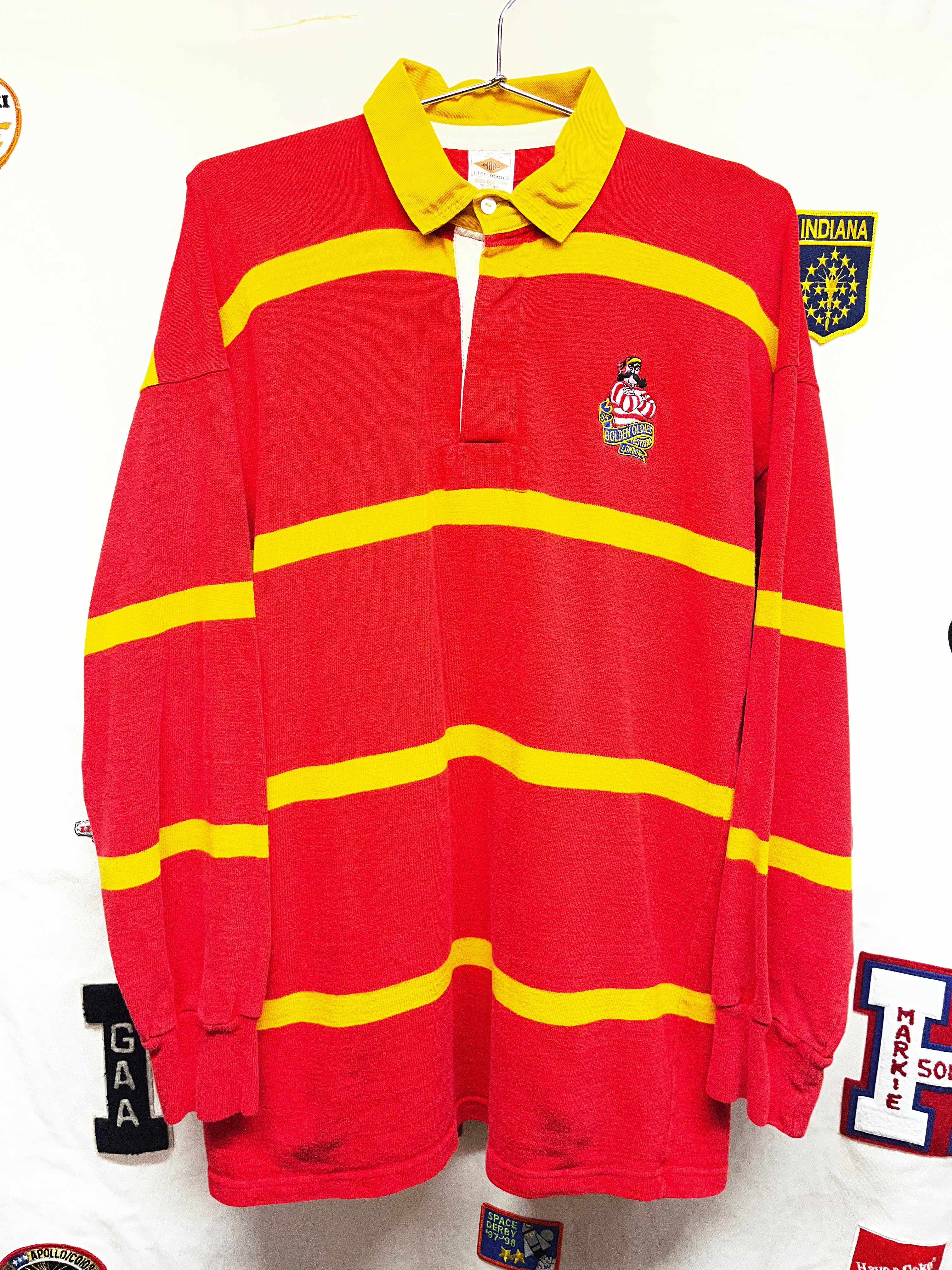 Vintage Umbro Rugby Golden Oldies Festival London 1985 Red/Yellow Striped Shirt: Large