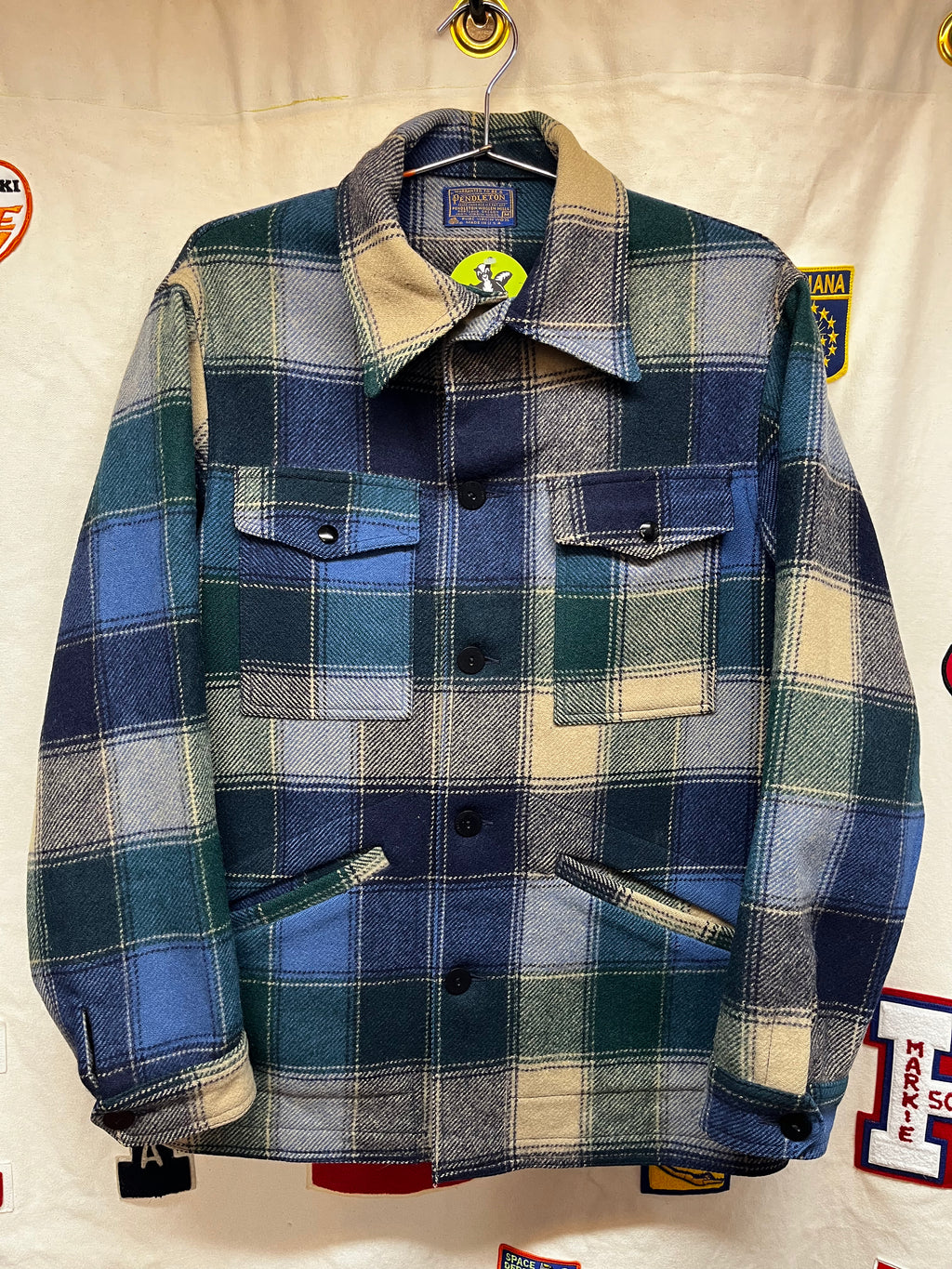 Vintage Pendelton Green/Blue Plaid Wool 70's Shirt Jacket: Medium