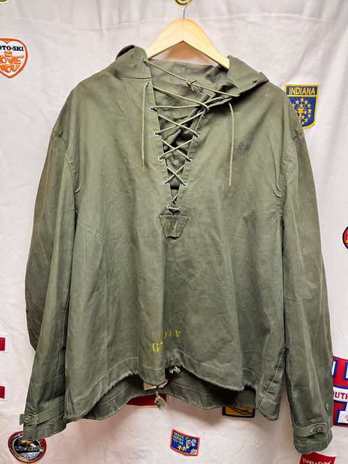 Vintage 1950s Military US Navy Foul Weather Rain Anorak Parka Stencil Jacket: Large