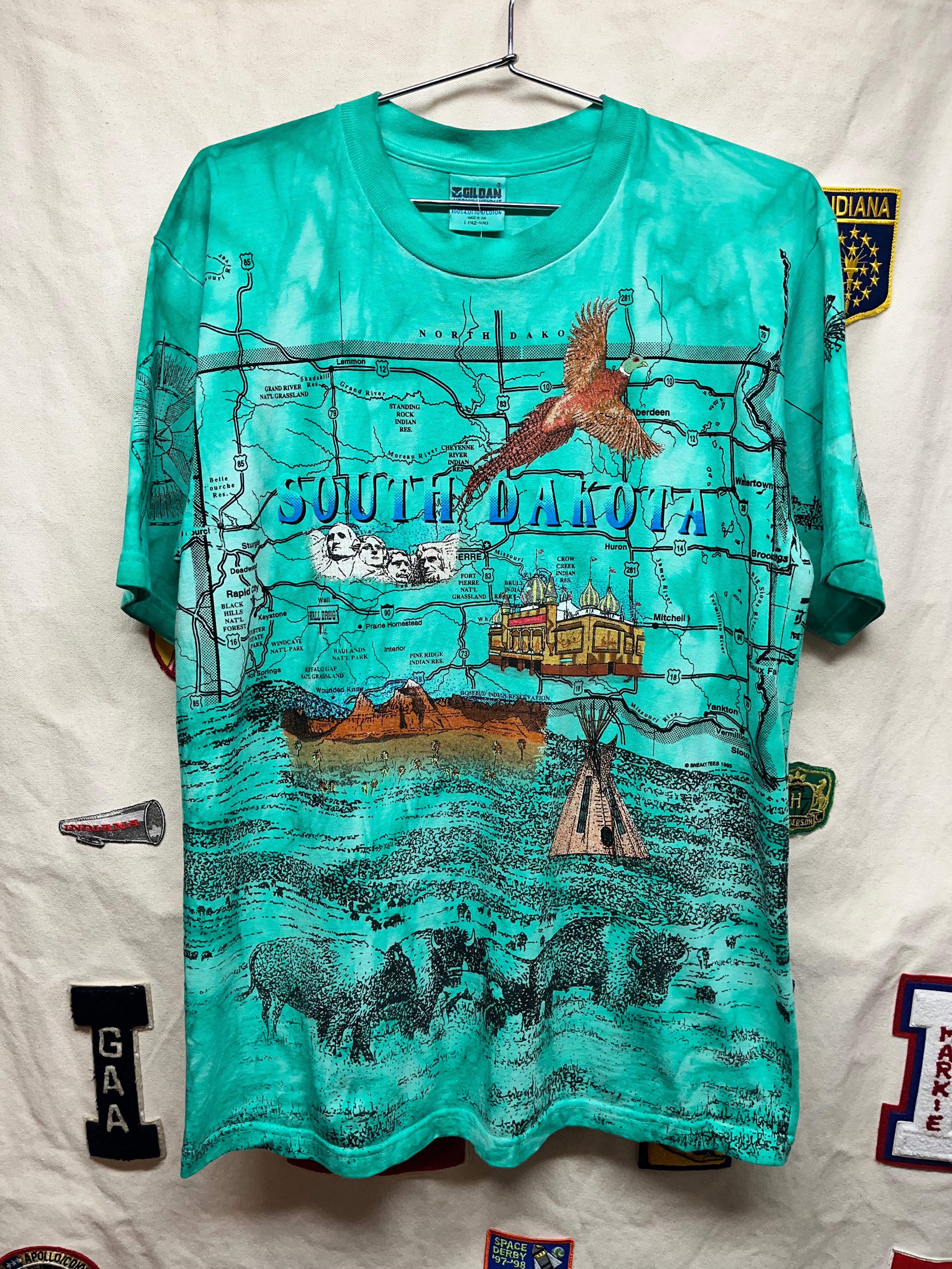 Vtg South Dakota State Map Mount Rushmore All Over Print Tie-Dye T-Shirt: Large