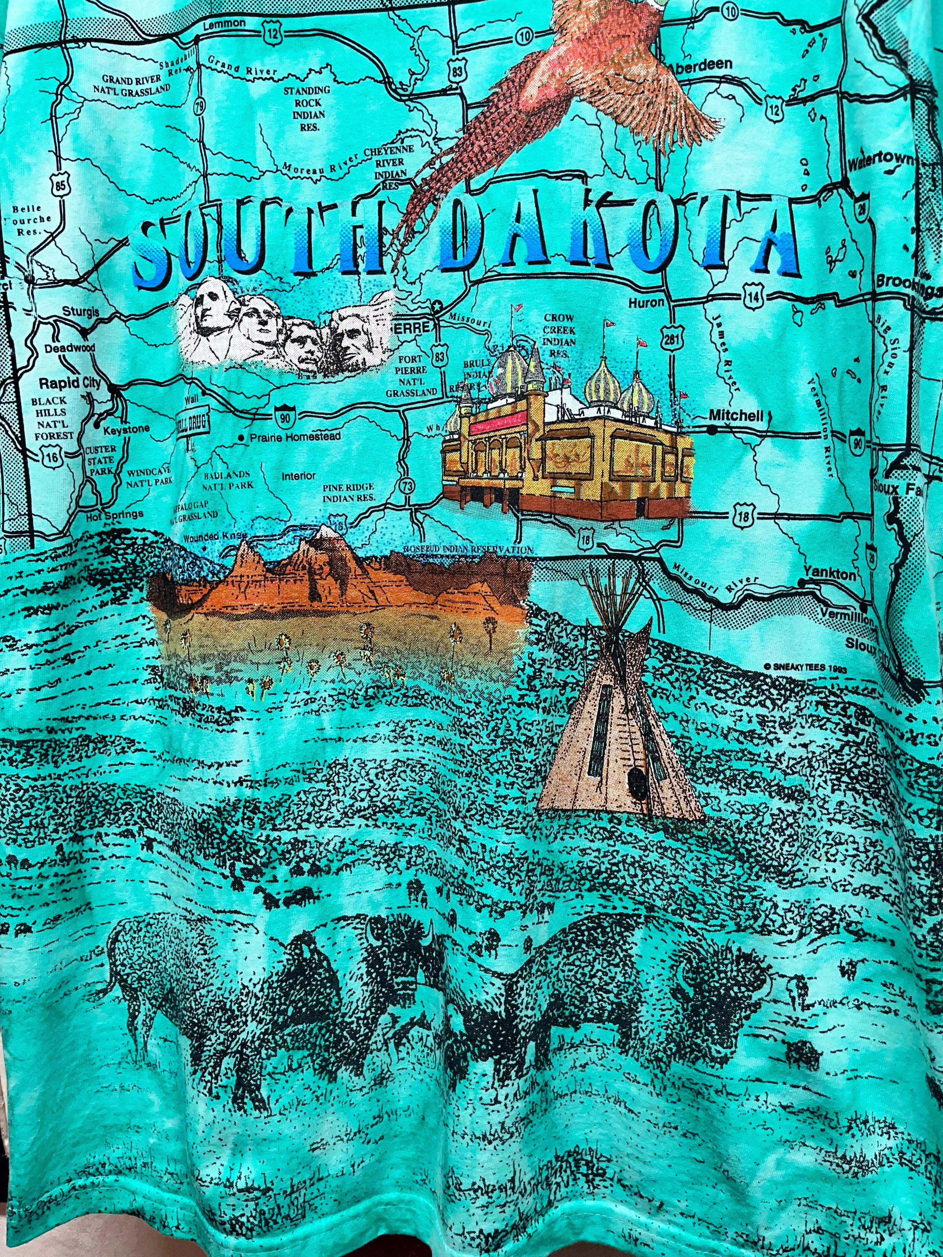Vtg South Dakota State Map Mount Rushmore All Over Print Tie-Dye T-Shirt: Large
