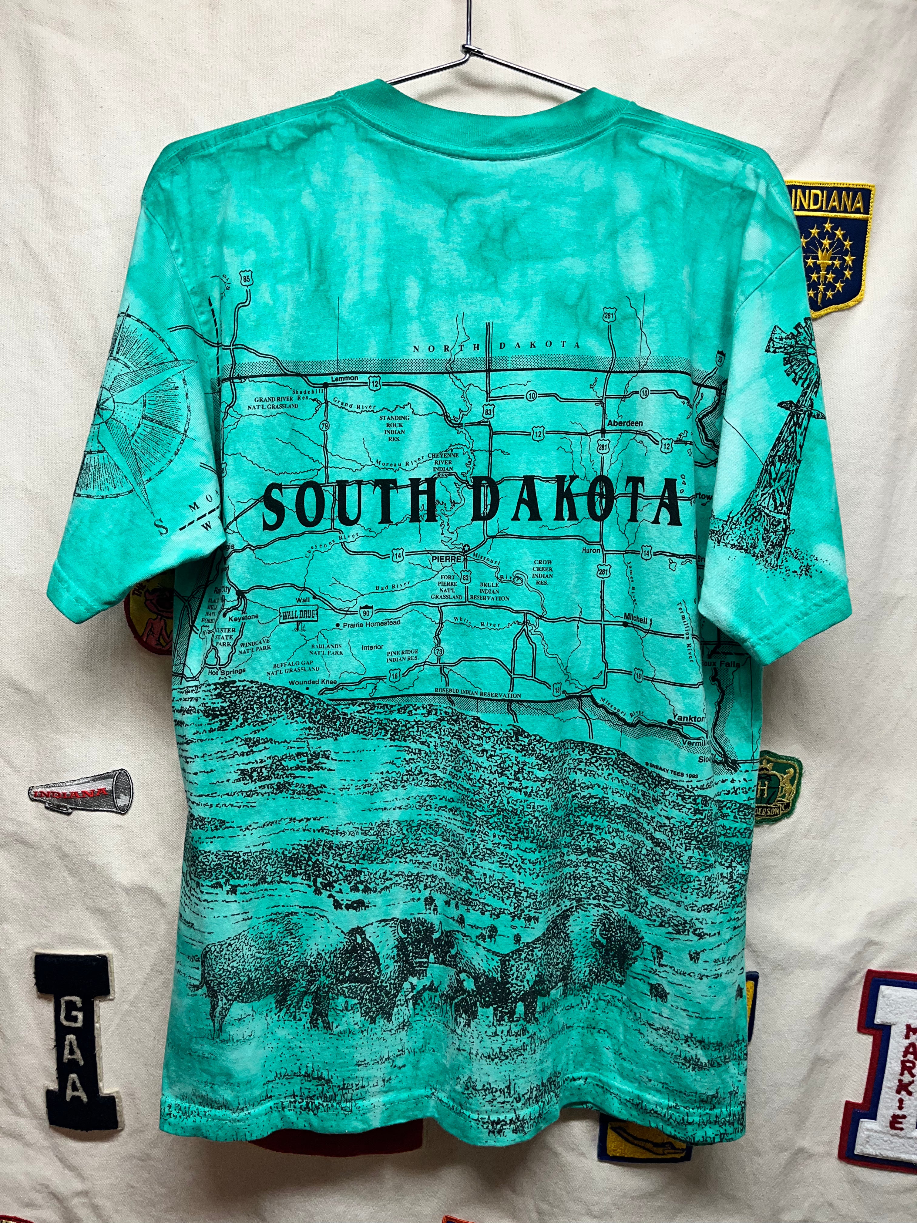 Vtg South Dakota State Map Mount Rushmore All Over Print Tie-Dye T-Shirt: Large