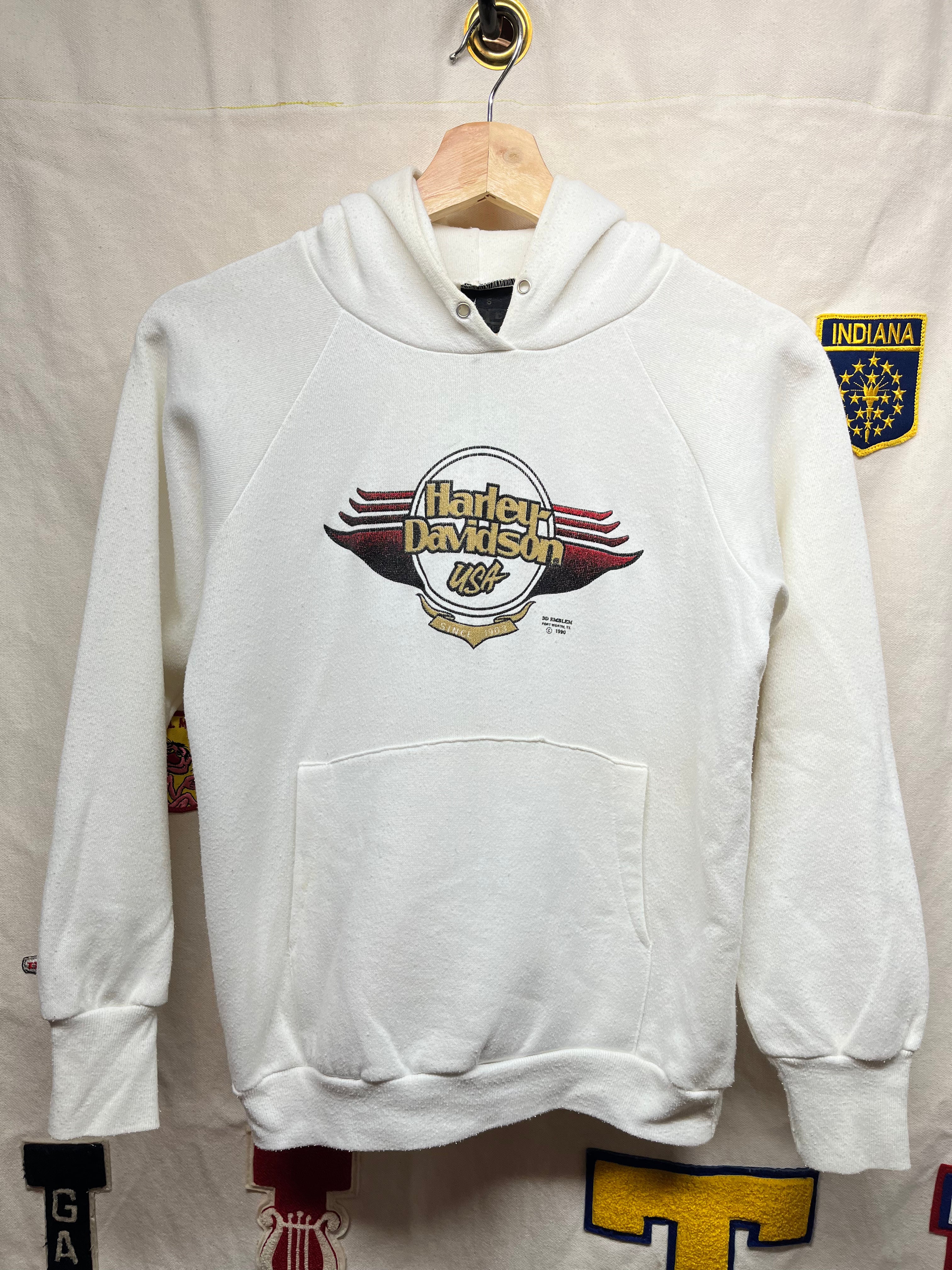 Vintage Harley Davidson USA 3D 1990 Emblem Mt. Vernon, Illinois White Hoodie Sweatshirt: Small