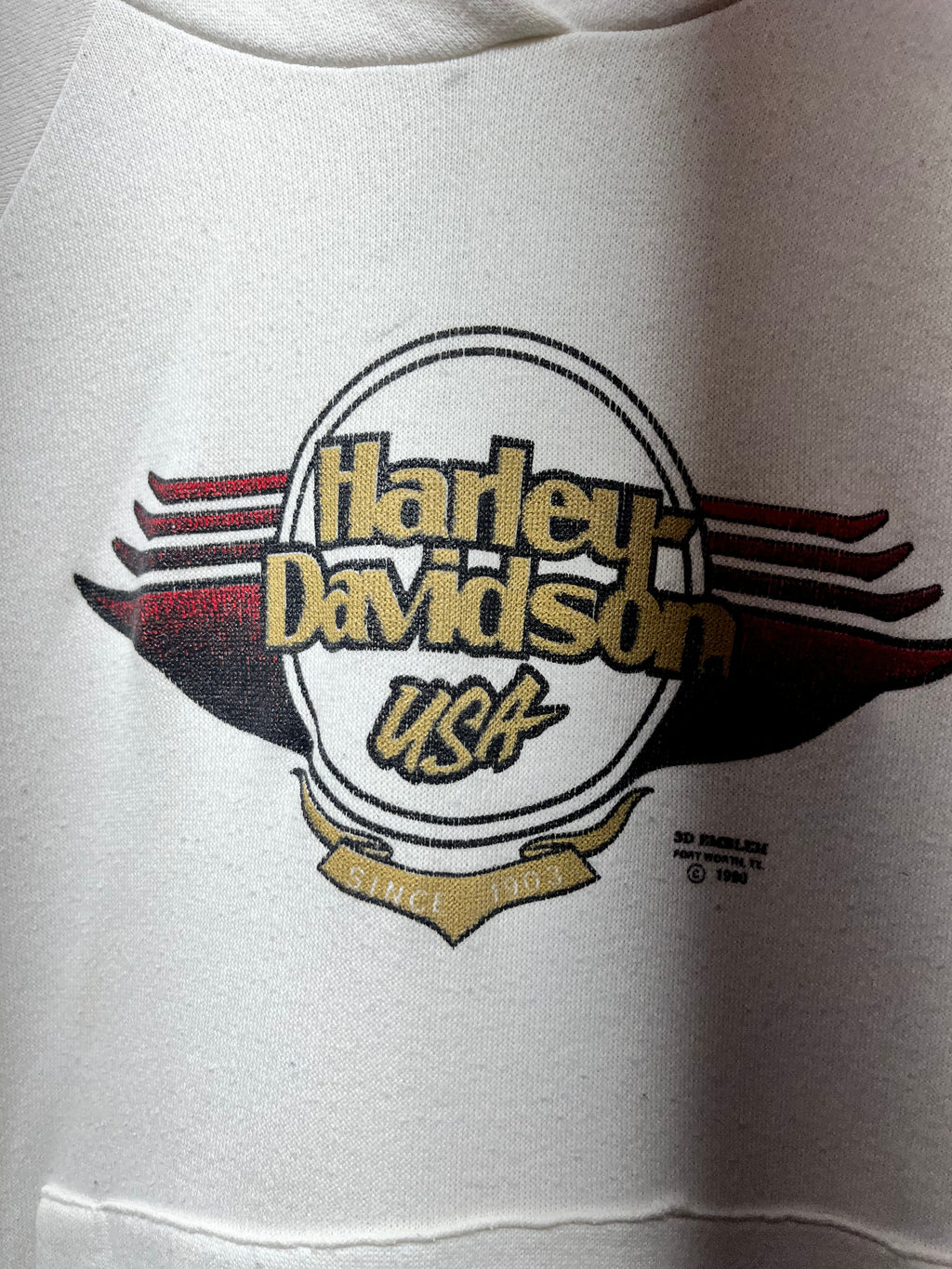 Vintage Harley Davidson USA 3D 1990 Emblem Mt. Vernon, Illinois White Hoodie Sweatshirt: Small