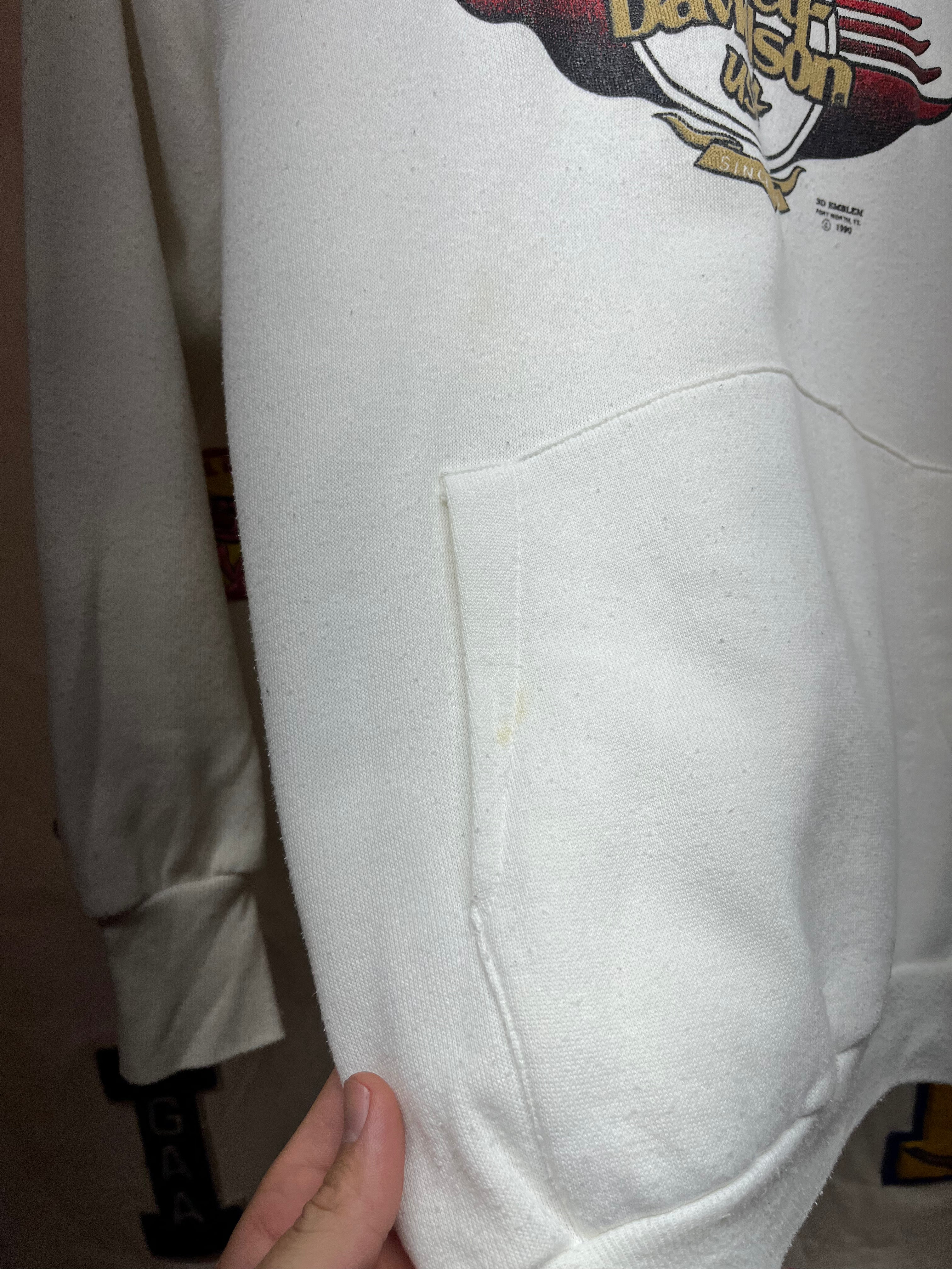 Vintage Harley Davidson USA 3D 1990 Emblem Mt. Vernon, Illinois White Hoodie Sweatshirt: Small