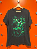 Vintage Green-Print Skulls Black T-Shirt: Large