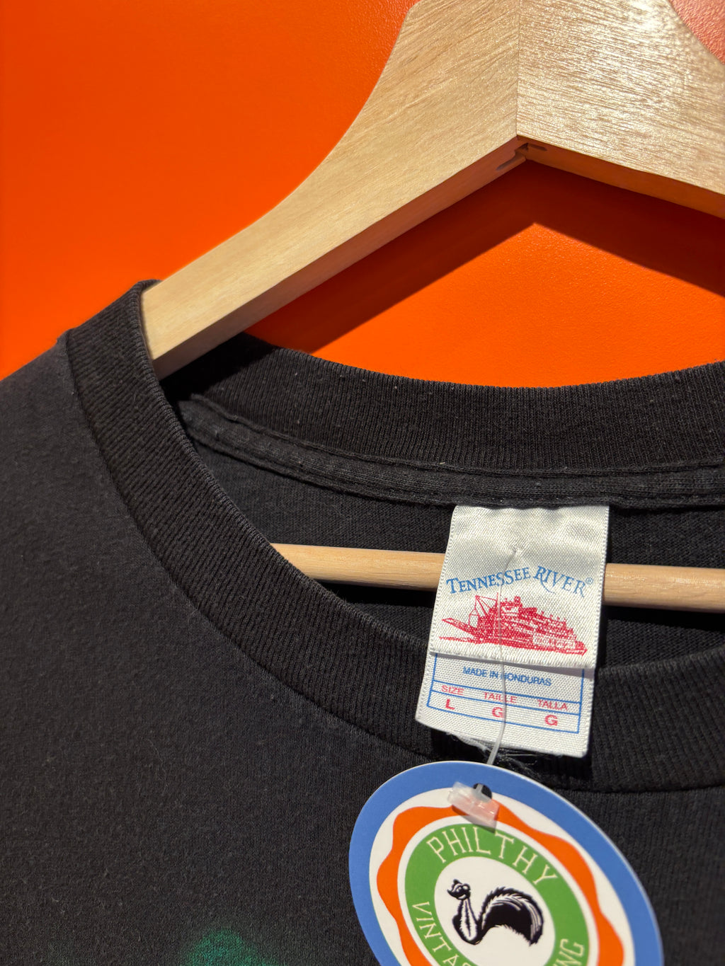 Vintage Green-Print Skulls Black T-Shirt: Large