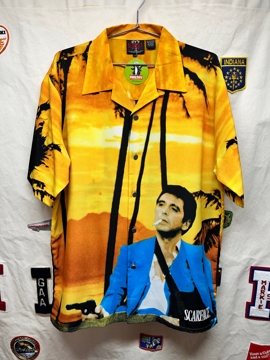 Vintage Scarface Movie Tony Montana Dragonfly Button Up Hawaiian Shirt: Large