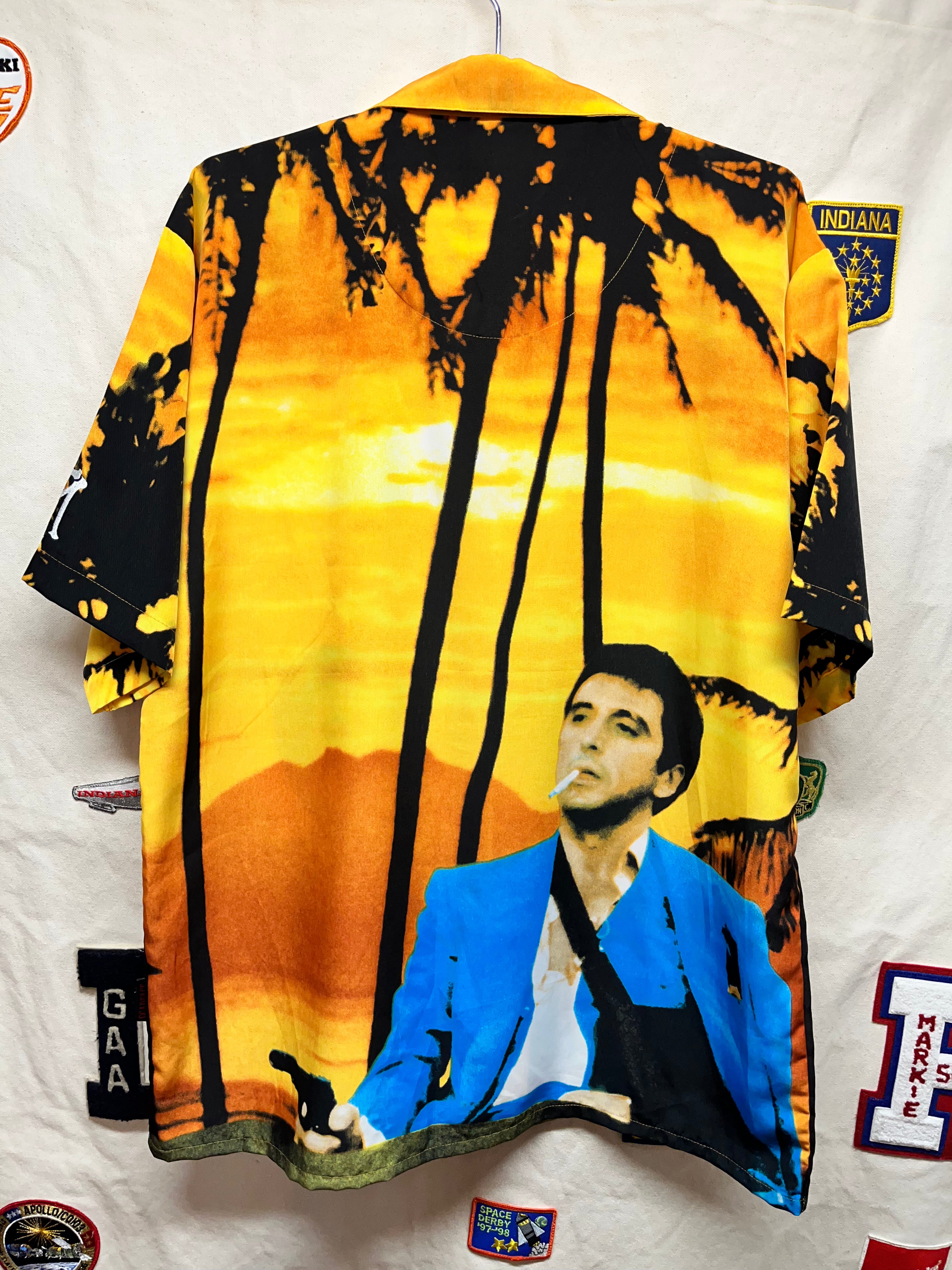 Vintage Scarface Movie Tony Montana Dragonfly Button Up Hawaiian Shirt: Large