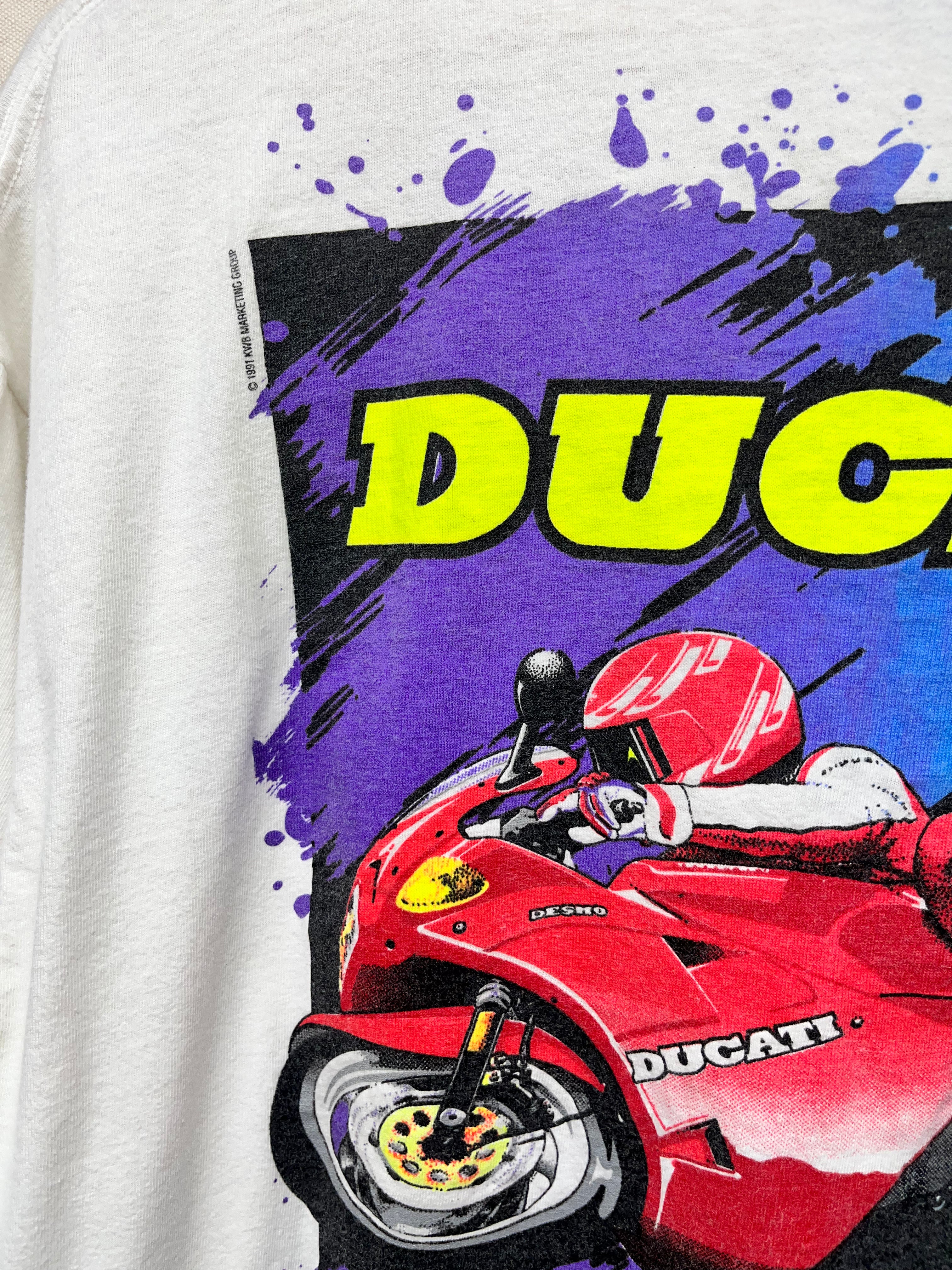 Vintage Ducati Motorcycle Bike Racing Turn One 90's Oneita White T-Shirt: XL