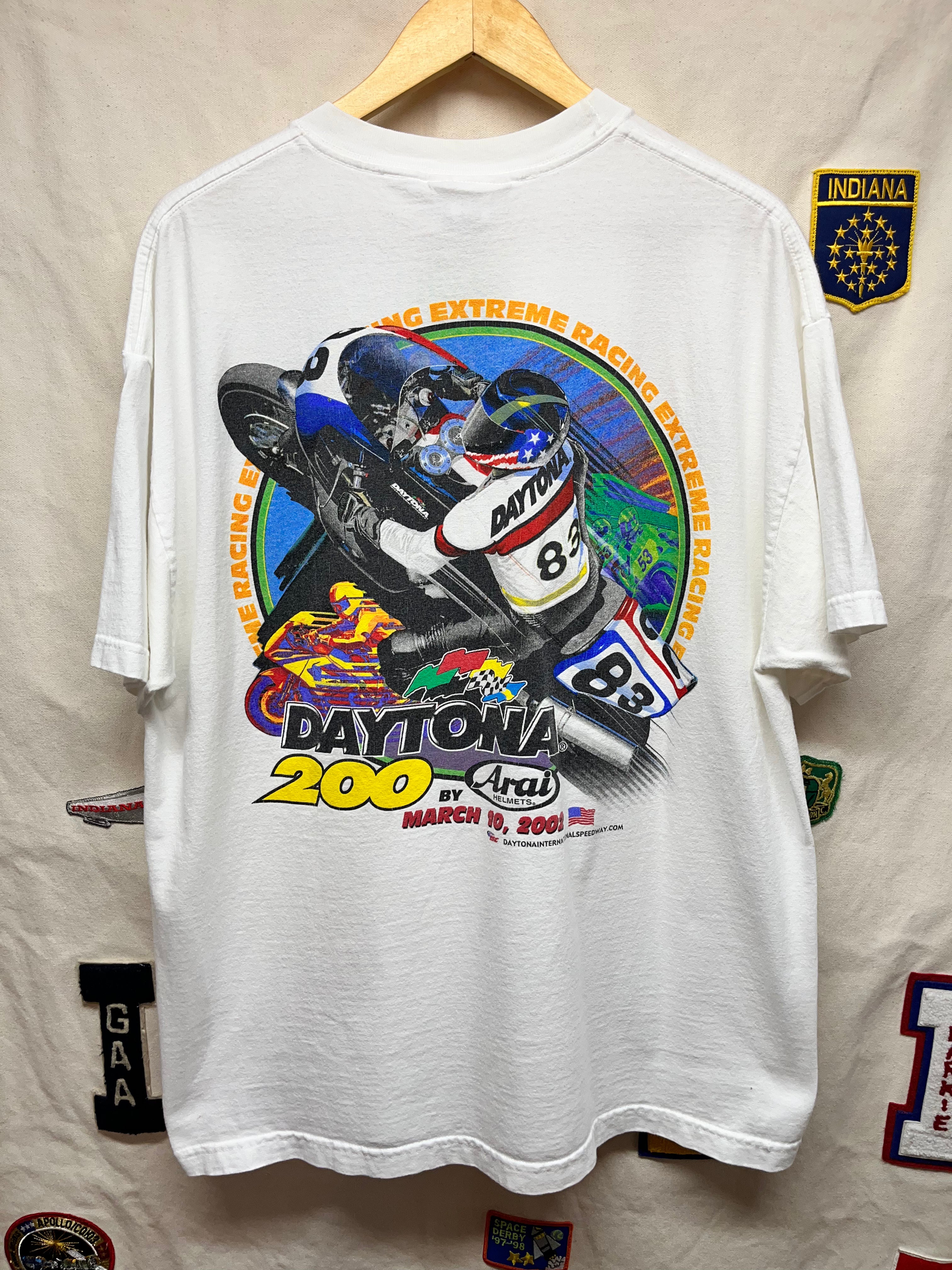 Vintage Daytona 200 Motorcycle Bike Extreme Racing 2002 Aria Helmets ISC White T-Shirt: XL