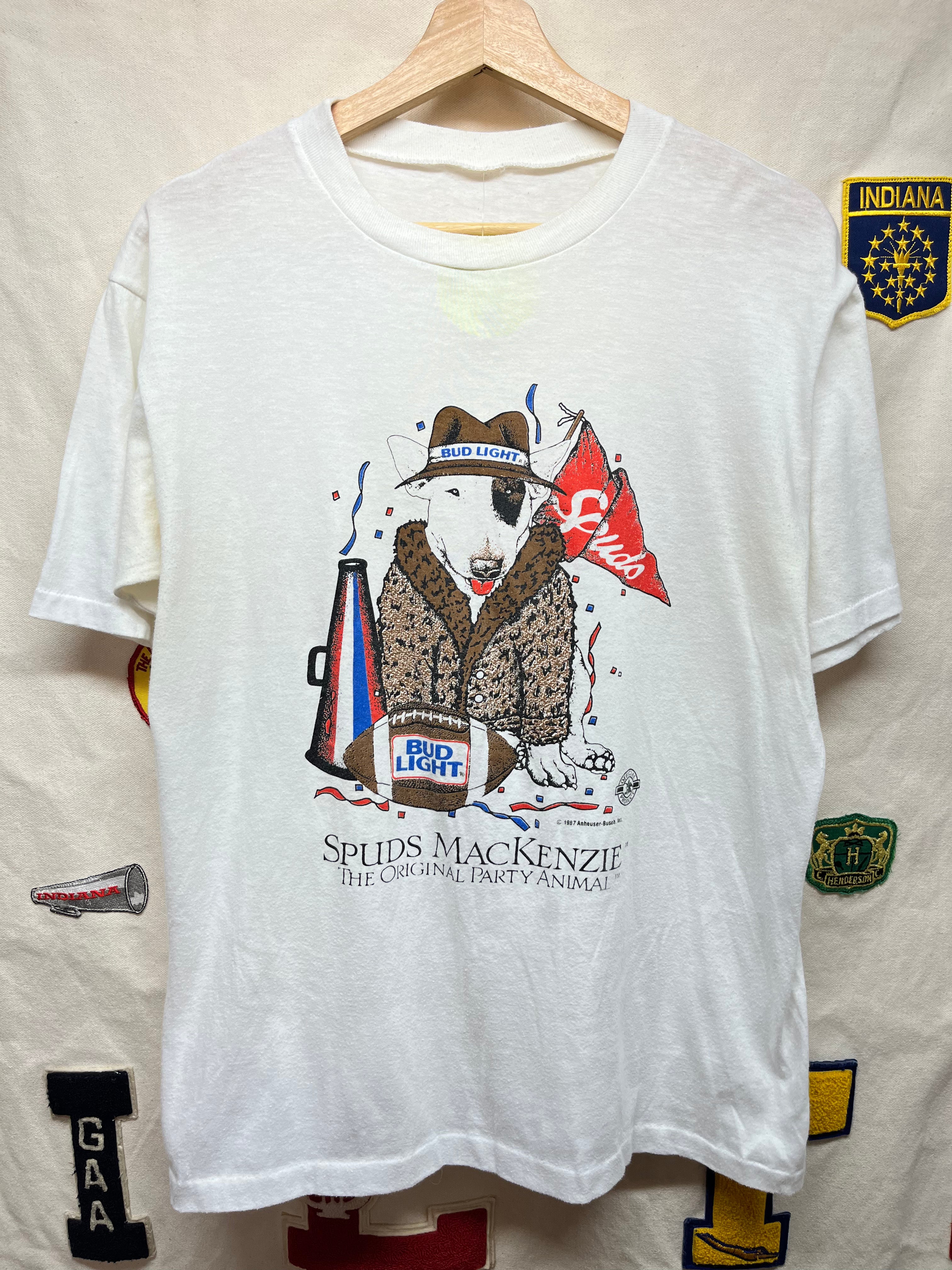 Vintage Spuds Mackenzie Bud Light Beer 1987 Football Promo White T-Shirt: Large