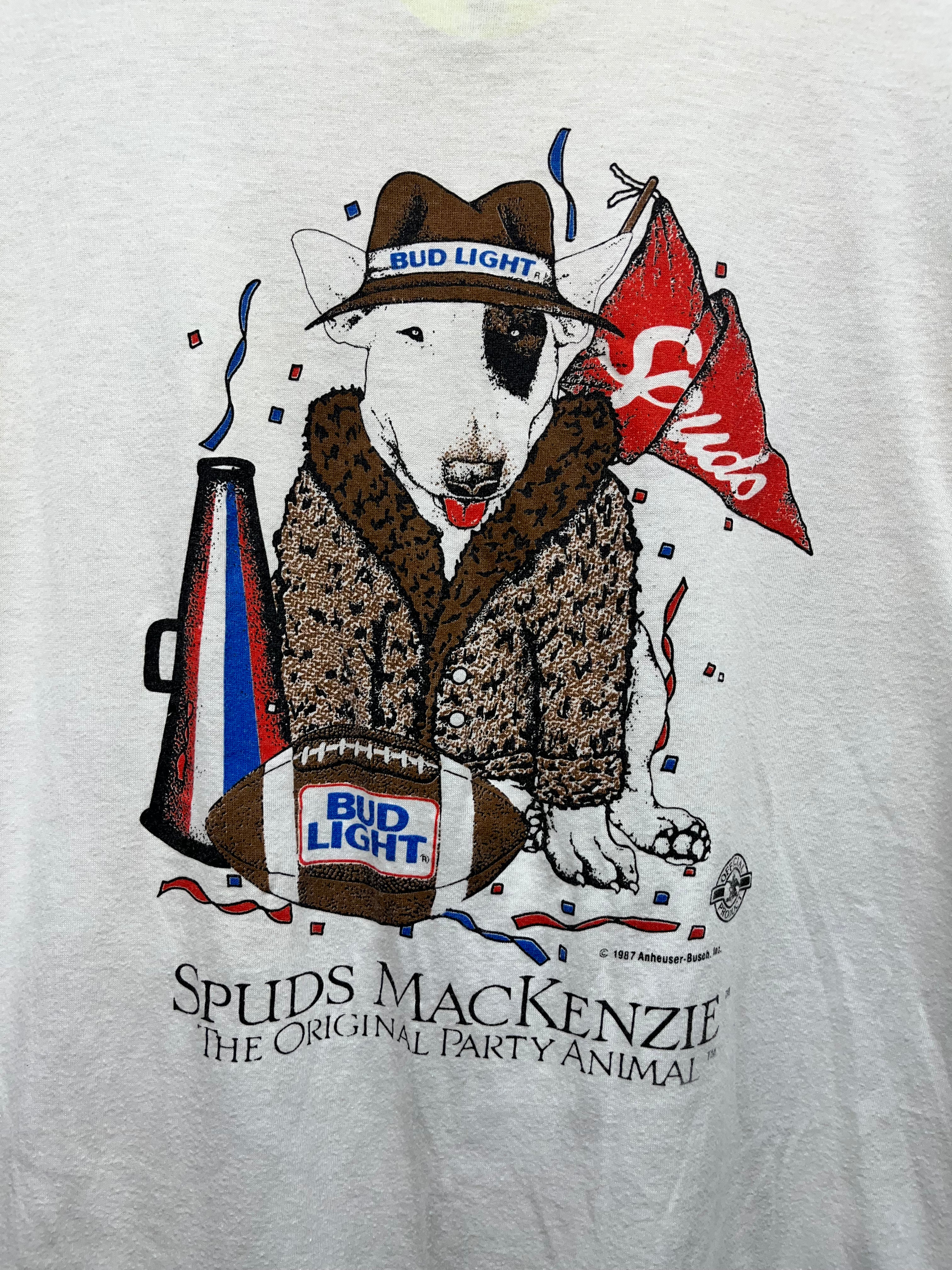 Vintage Spuds Mackenzie Bud Light Beer 1987 Football Promo White T-Shirt: Large