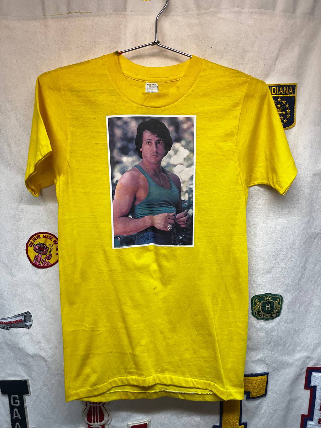 Vintage Sylvester Stallone 70's Heat Transfer Photo Yellow T-Shirt: Small