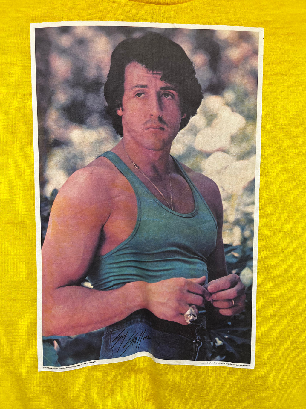 Vintage Sylvester Stallone 70's Heat Transfer Photo Yellow T-Shirt: Small