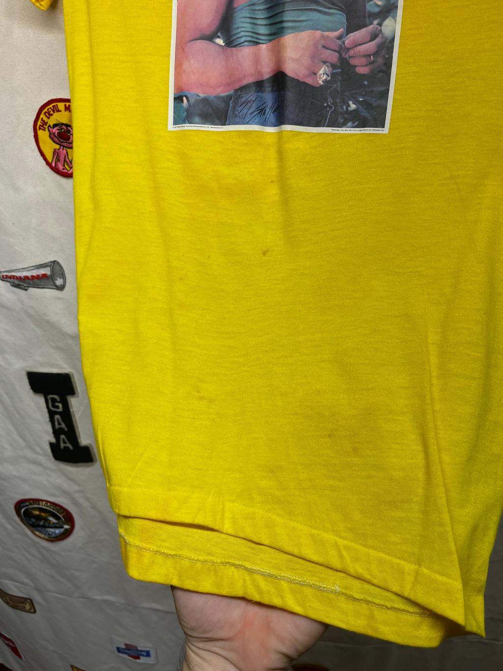 Vintage Sylvester Stallone 70's Heat Transfer Photo Yellow T-Shirt: Small