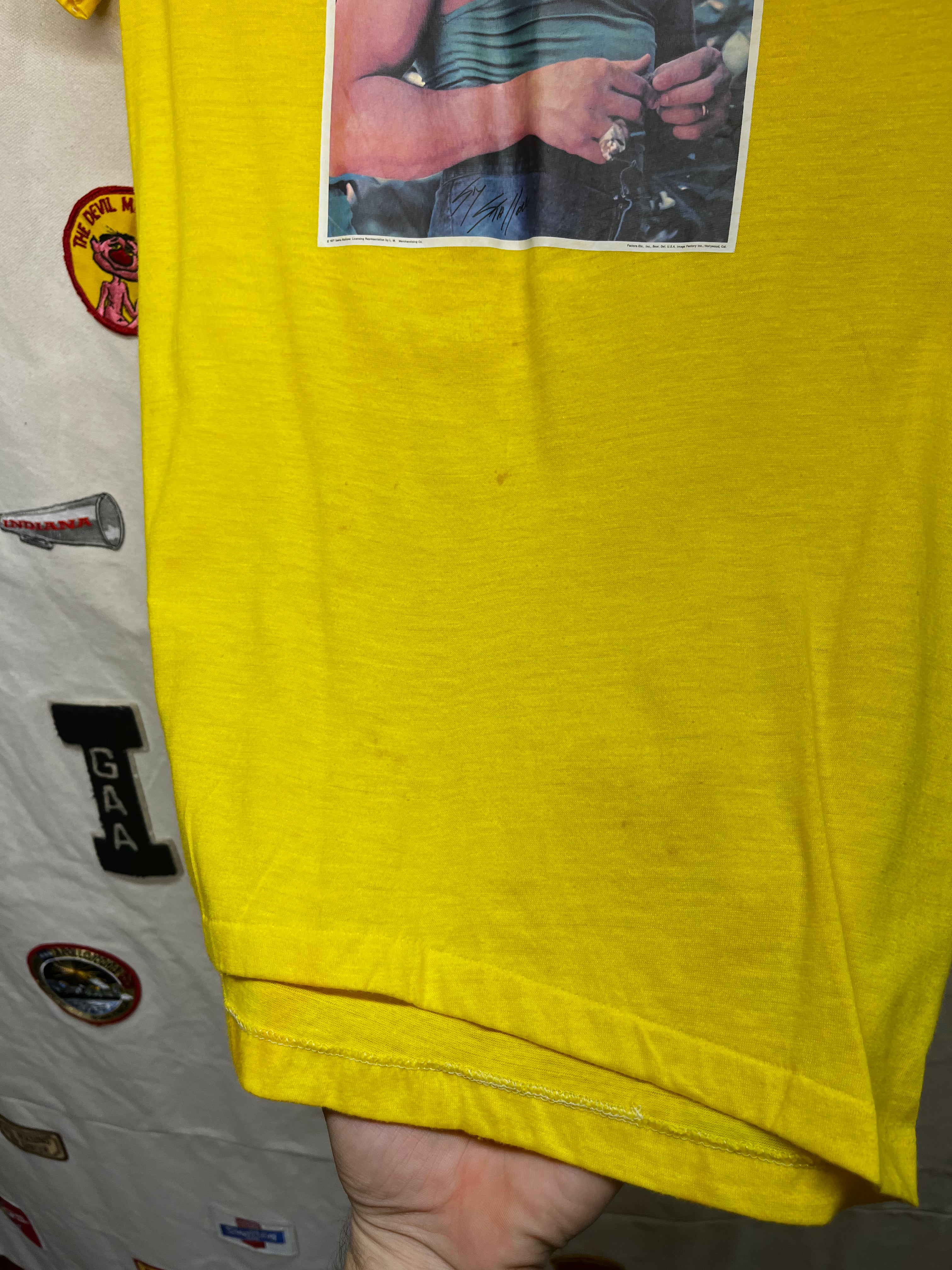 Vintage Sylvester Stallone 70's Heat Transfer Photo Yellow T-Shirt: Small