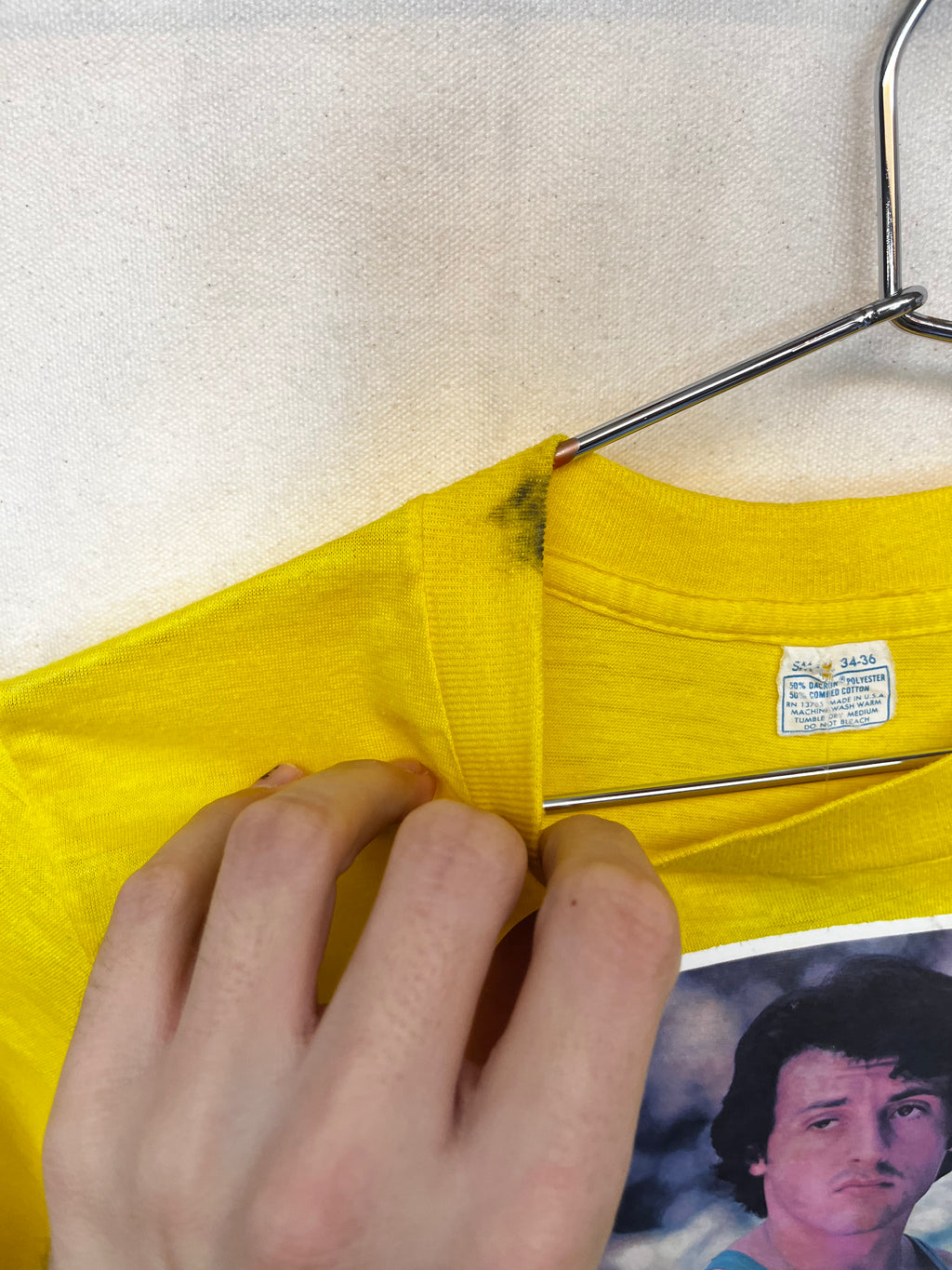 Vintage Sylvester Stallone 70's Heat Transfer Photo Yellow T-Shirt: Small