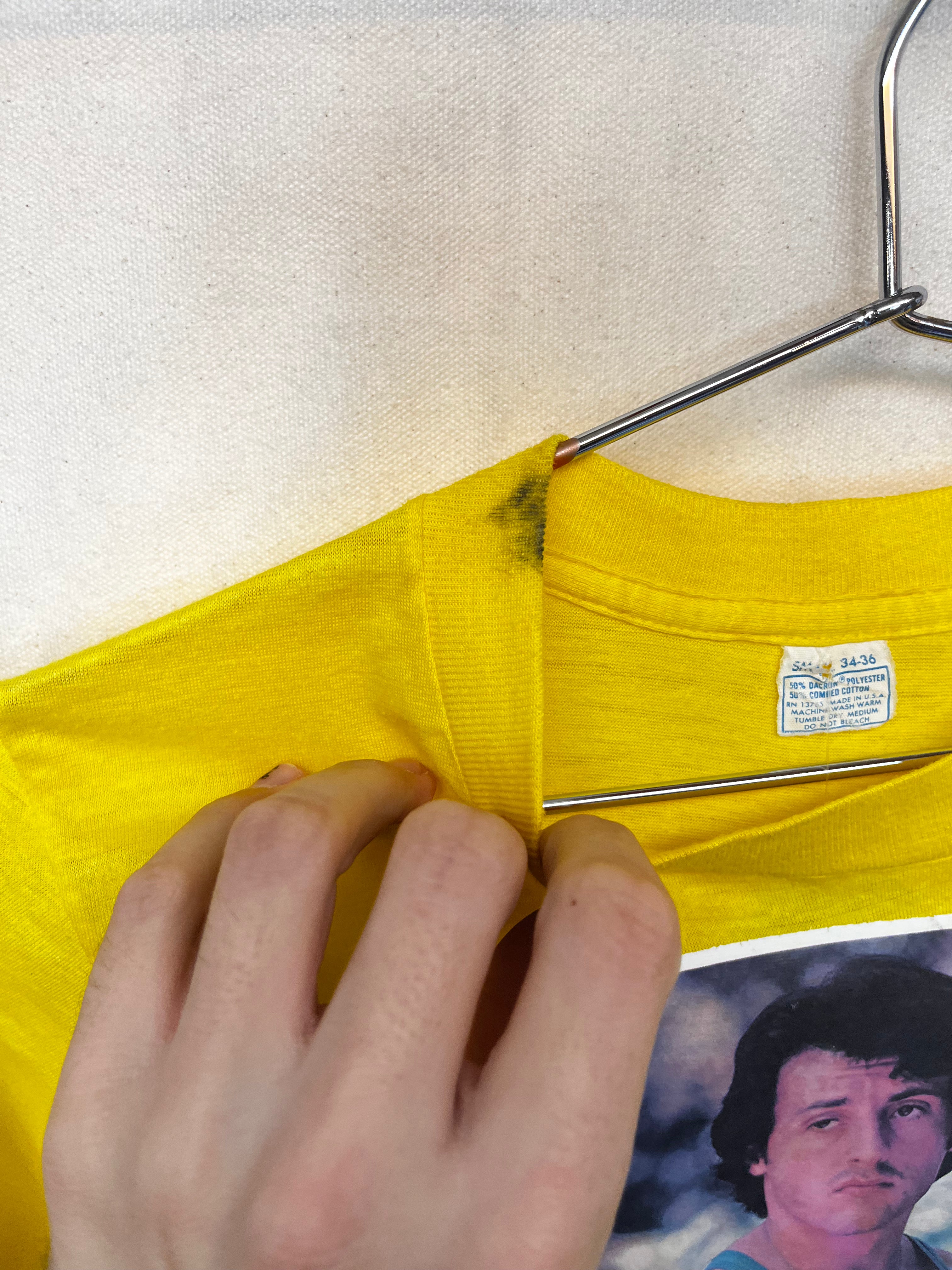 Vintage Sylvester Stallone 70's Heat Transfer Photo Yellow T-Shirt: Small