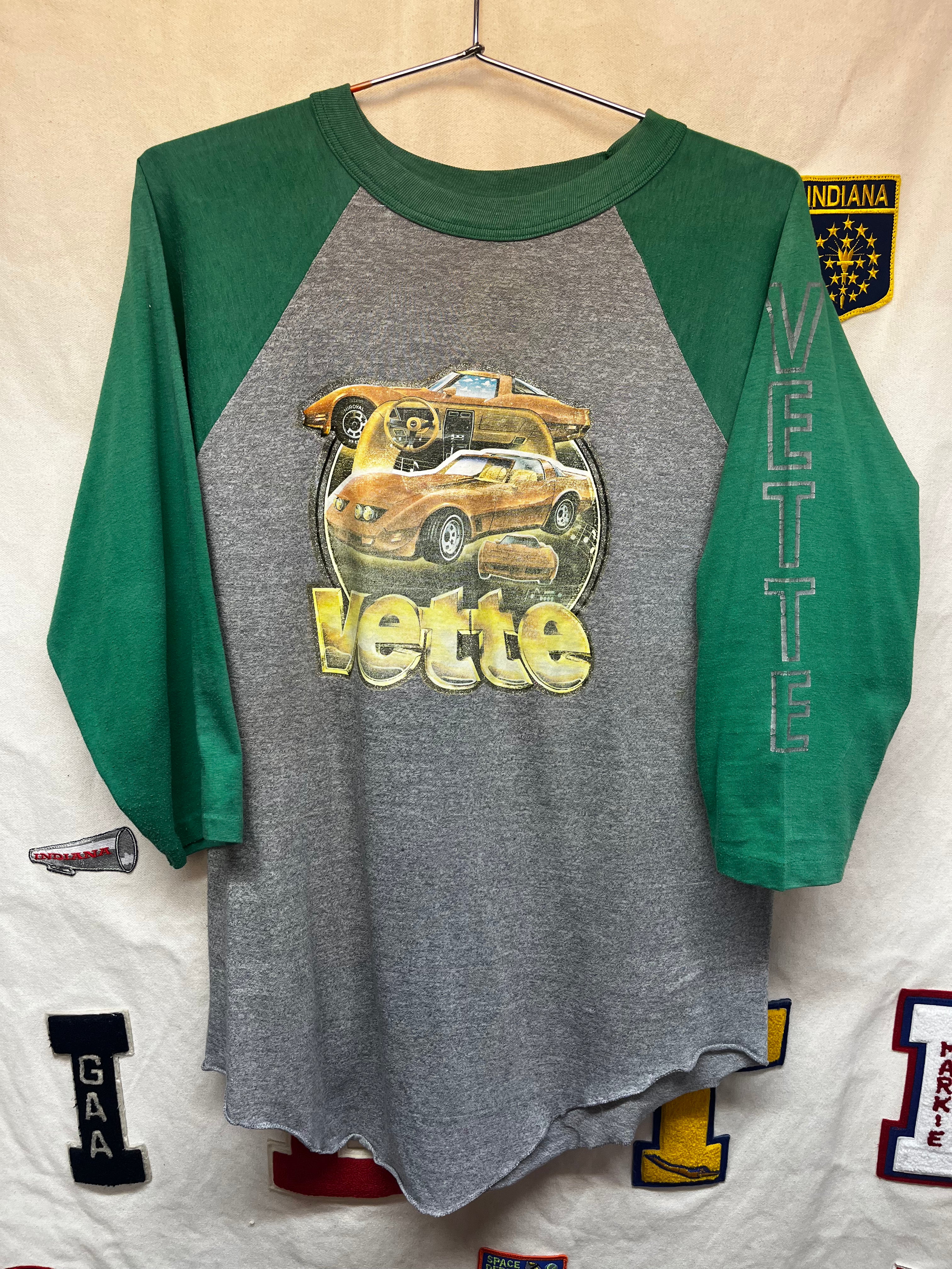 Vintage Vette Corvette 80's Car Heat Transfer Green/Grey Raglan T-Shirt: Large