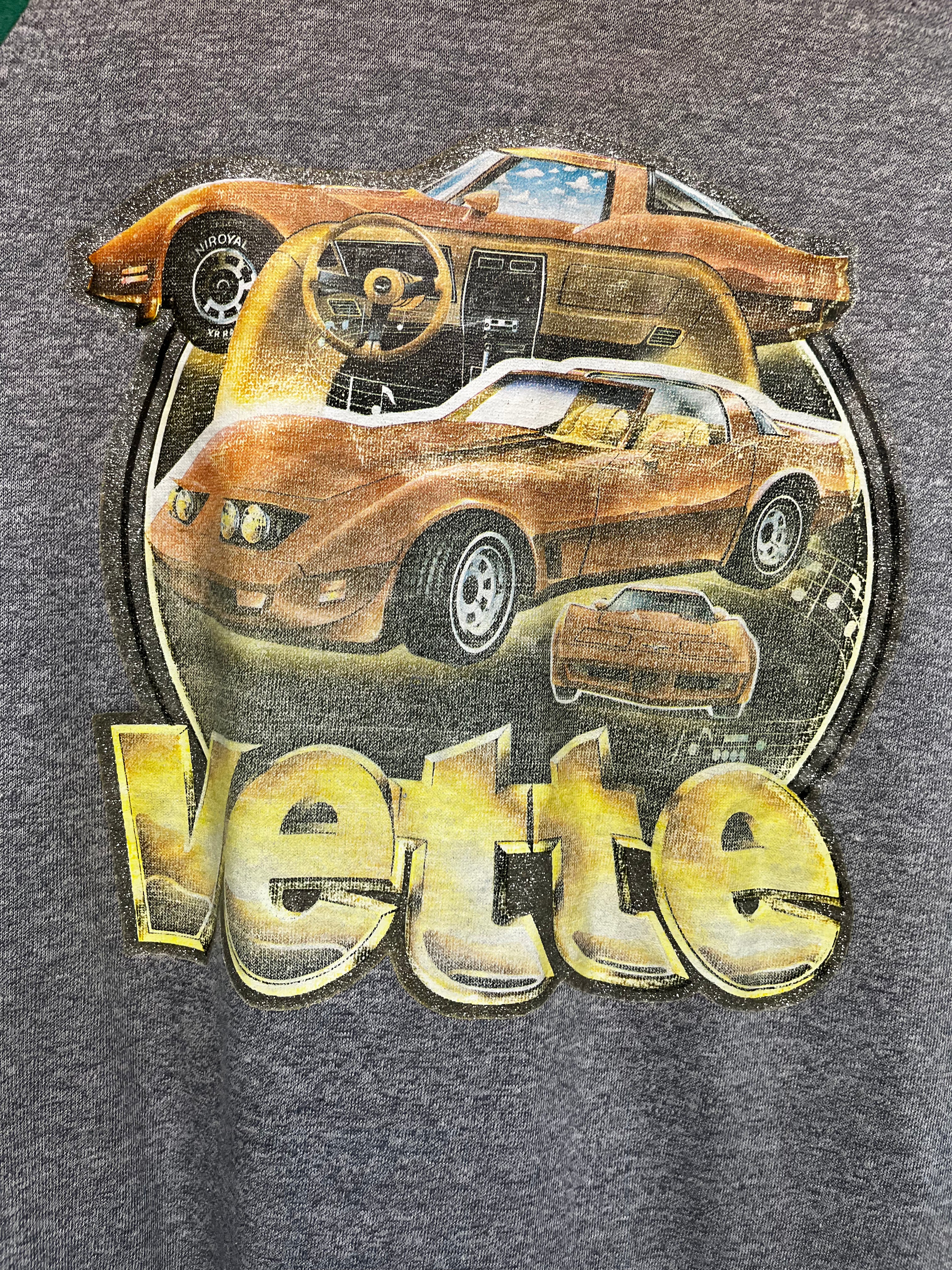 Vintage Vette Corvette 80's Car Heat Transfer Green/Grey Raglan T-Shirt: Large