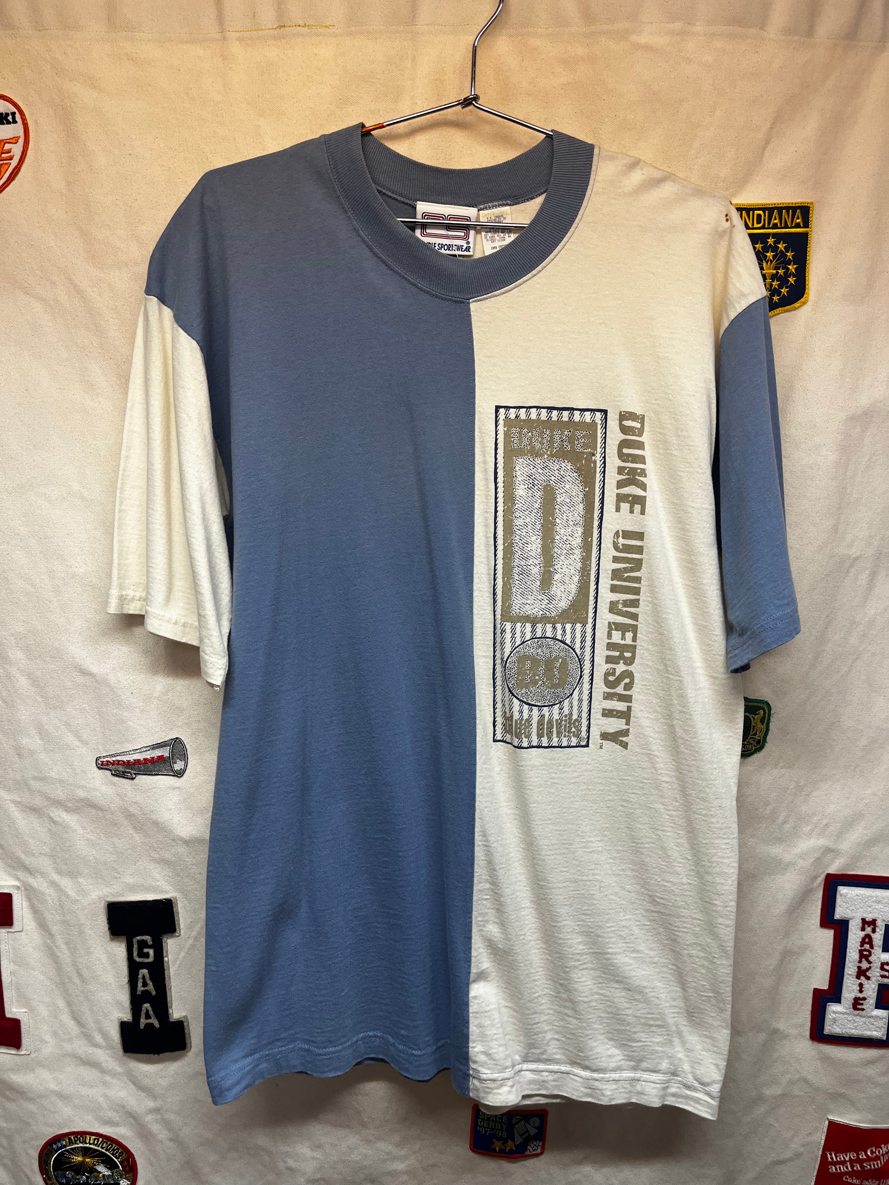 Vintage Duke University Blue Devils Crable Sportswear Split Two Tone Ringer T-Shirt: Large