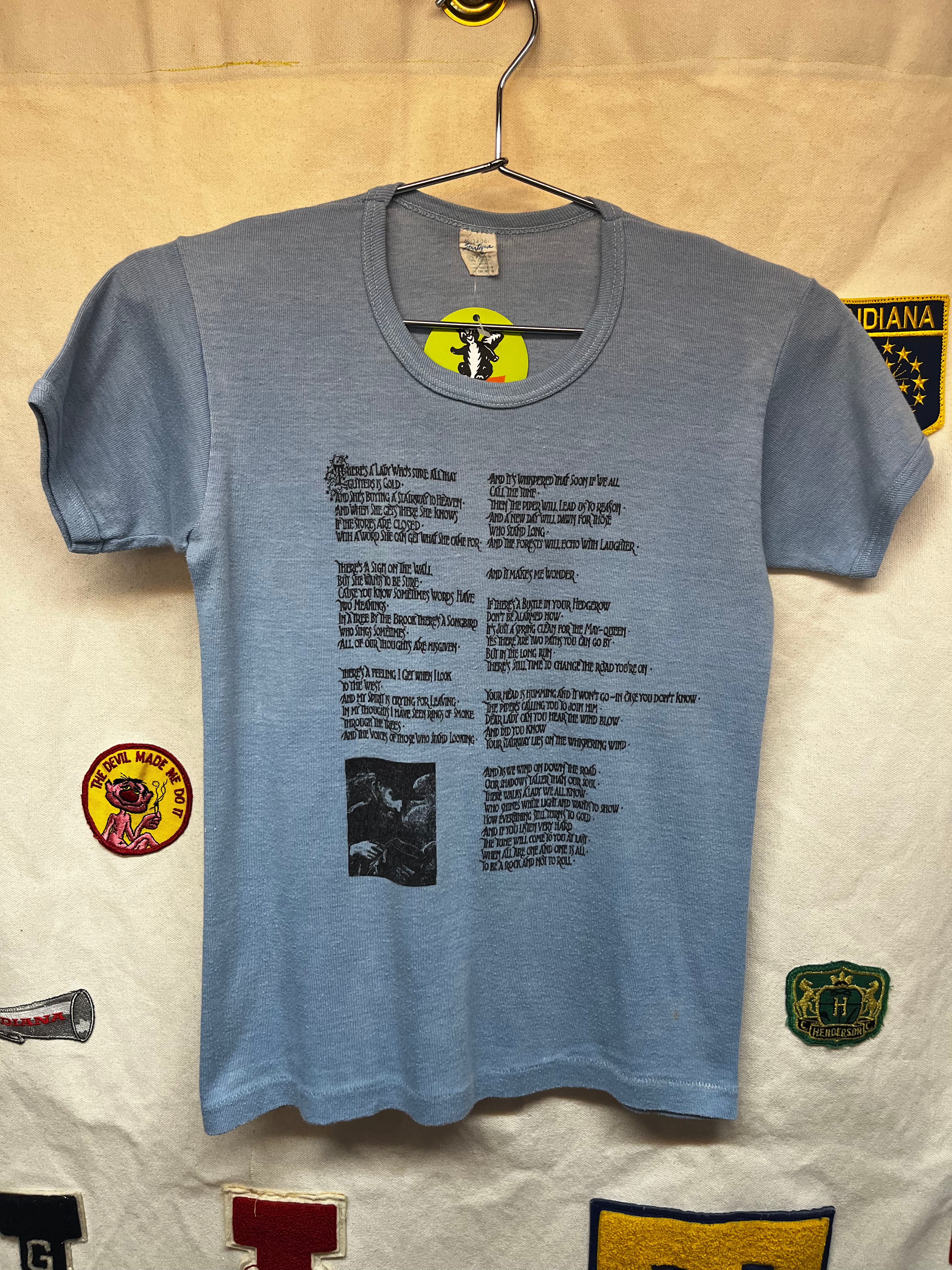 Vintage 70's Led Zeppelin Stairway to Heaven Song Lyrics Sportique Blue T-Shirt: Womens Medium