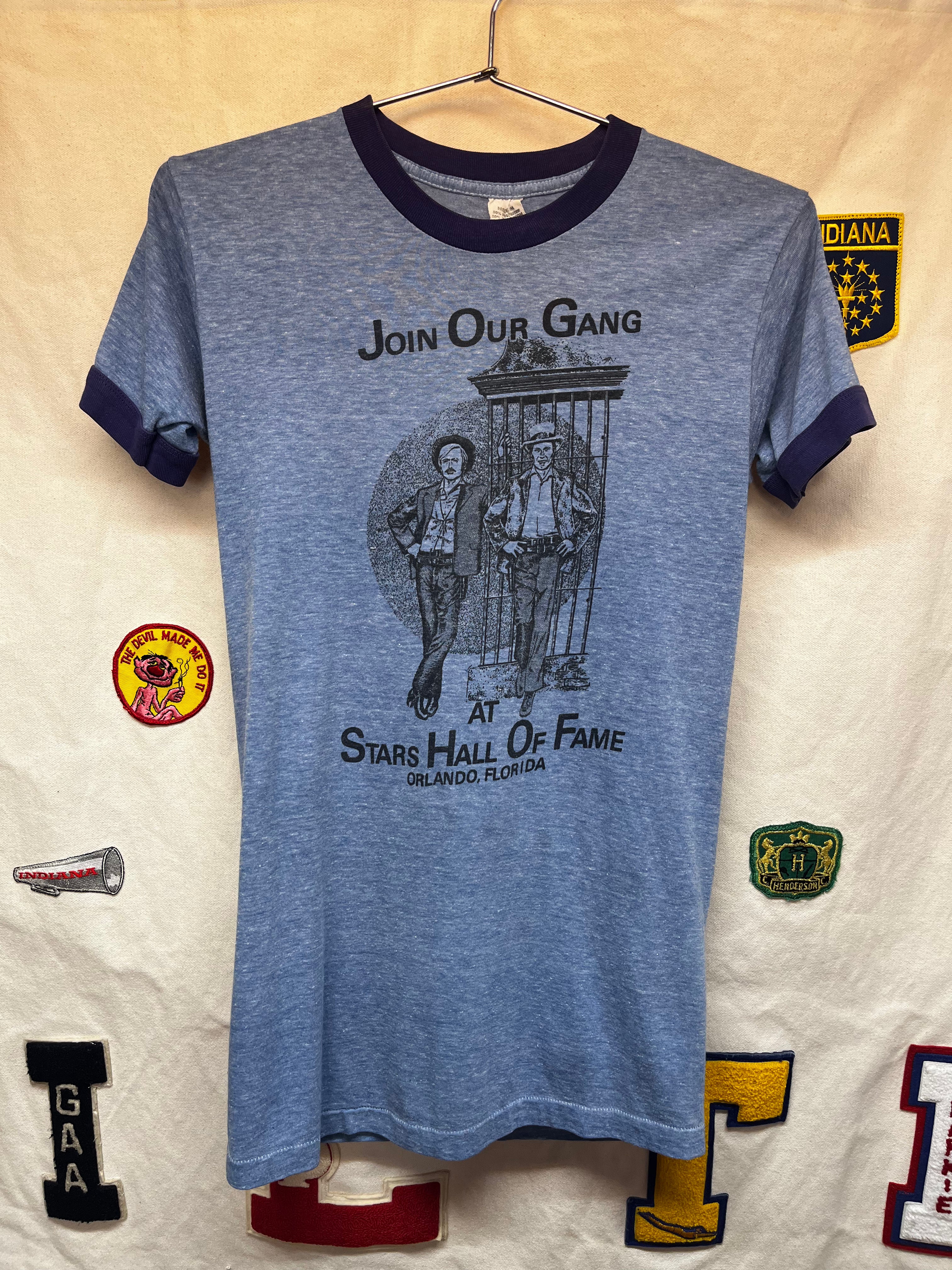 Vtg Join Our Gang Stars Hall of Fame Orlando Butch Cassidy Sundance Kid Blue 70's Ringer T-Shirt: Medium