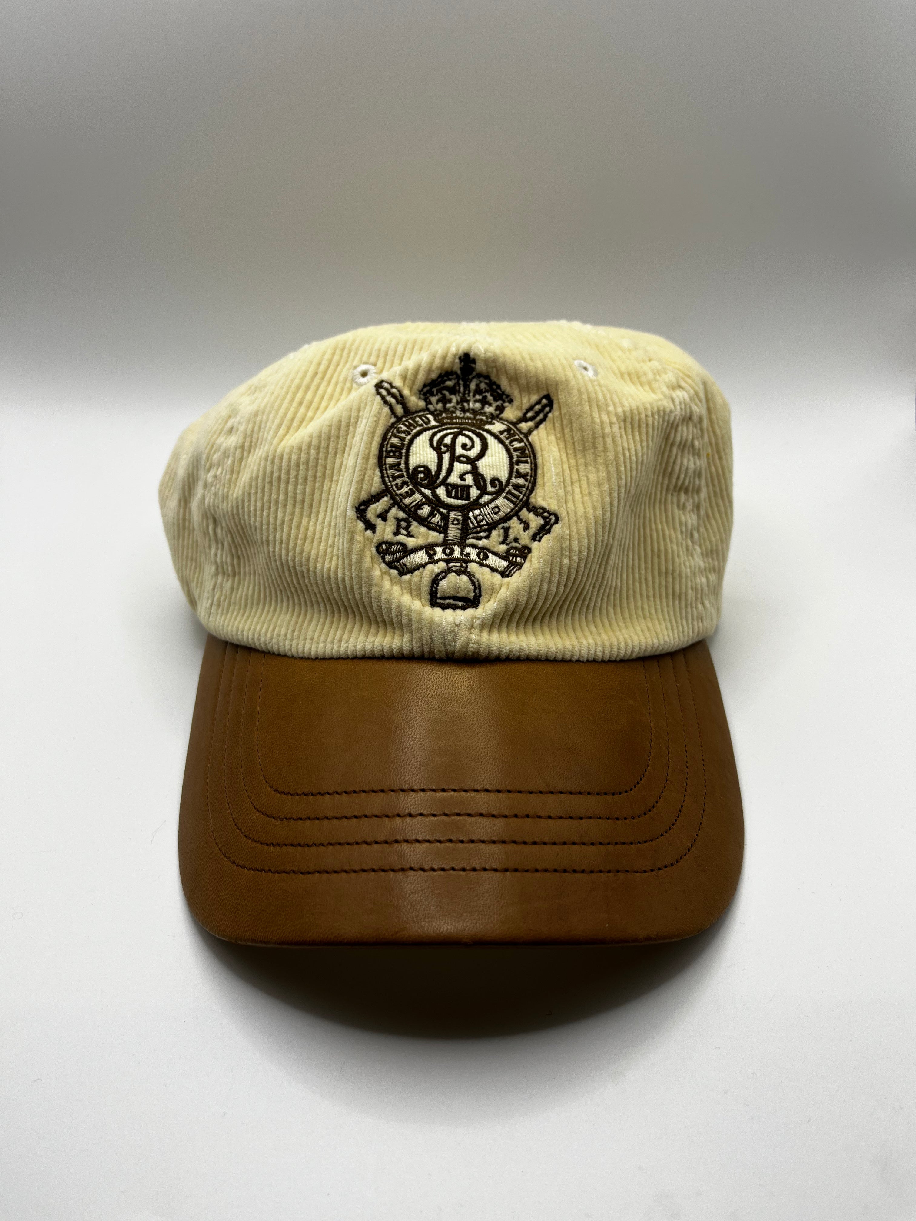 Vintage Polo Ralph Lauren White Corduroy Leather Bill Sportsman Strapback Hat