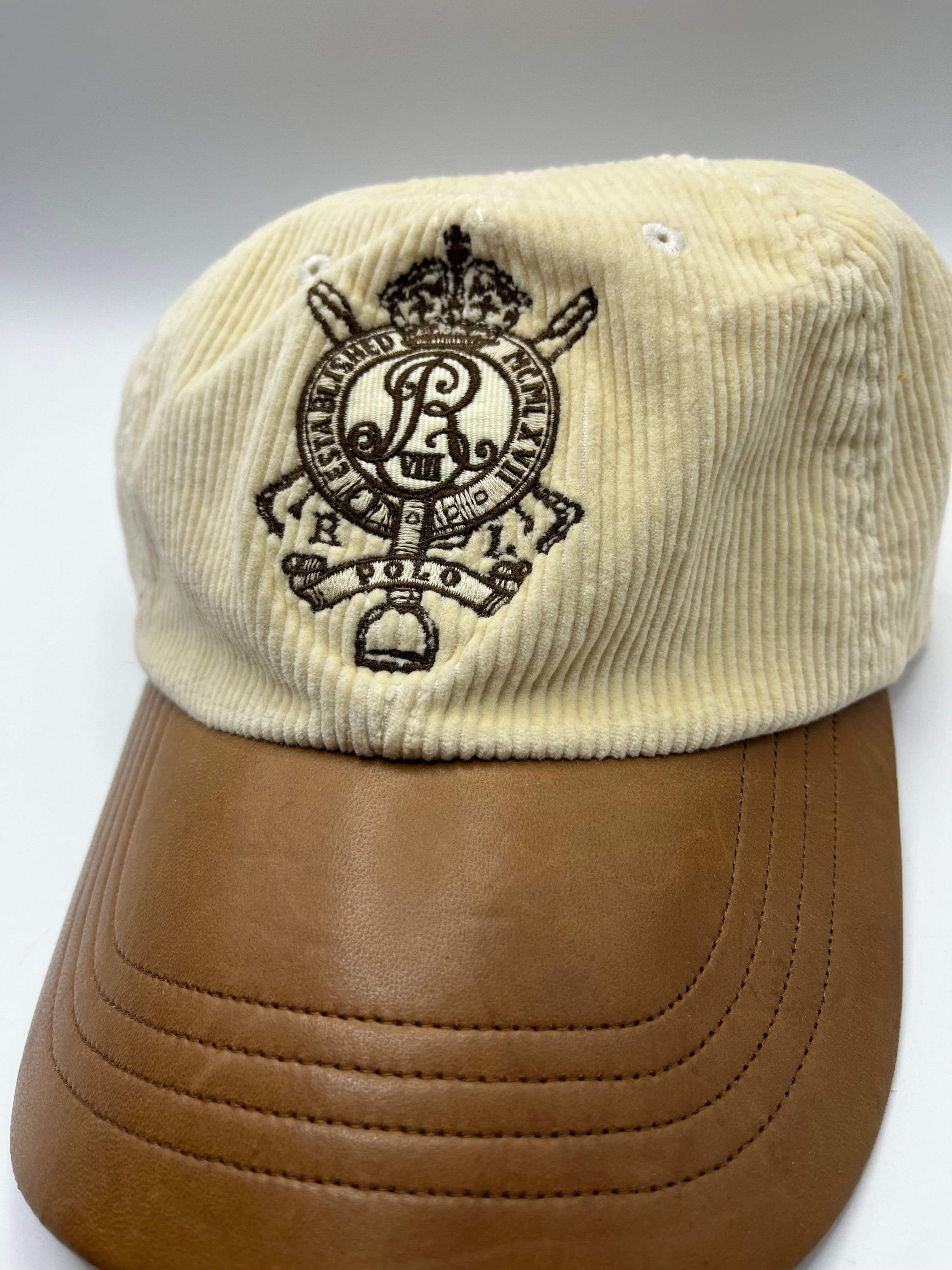 Vintage Polo Ralph Lauren White Corduroy Leather Bill Sportsman Strapback Hat