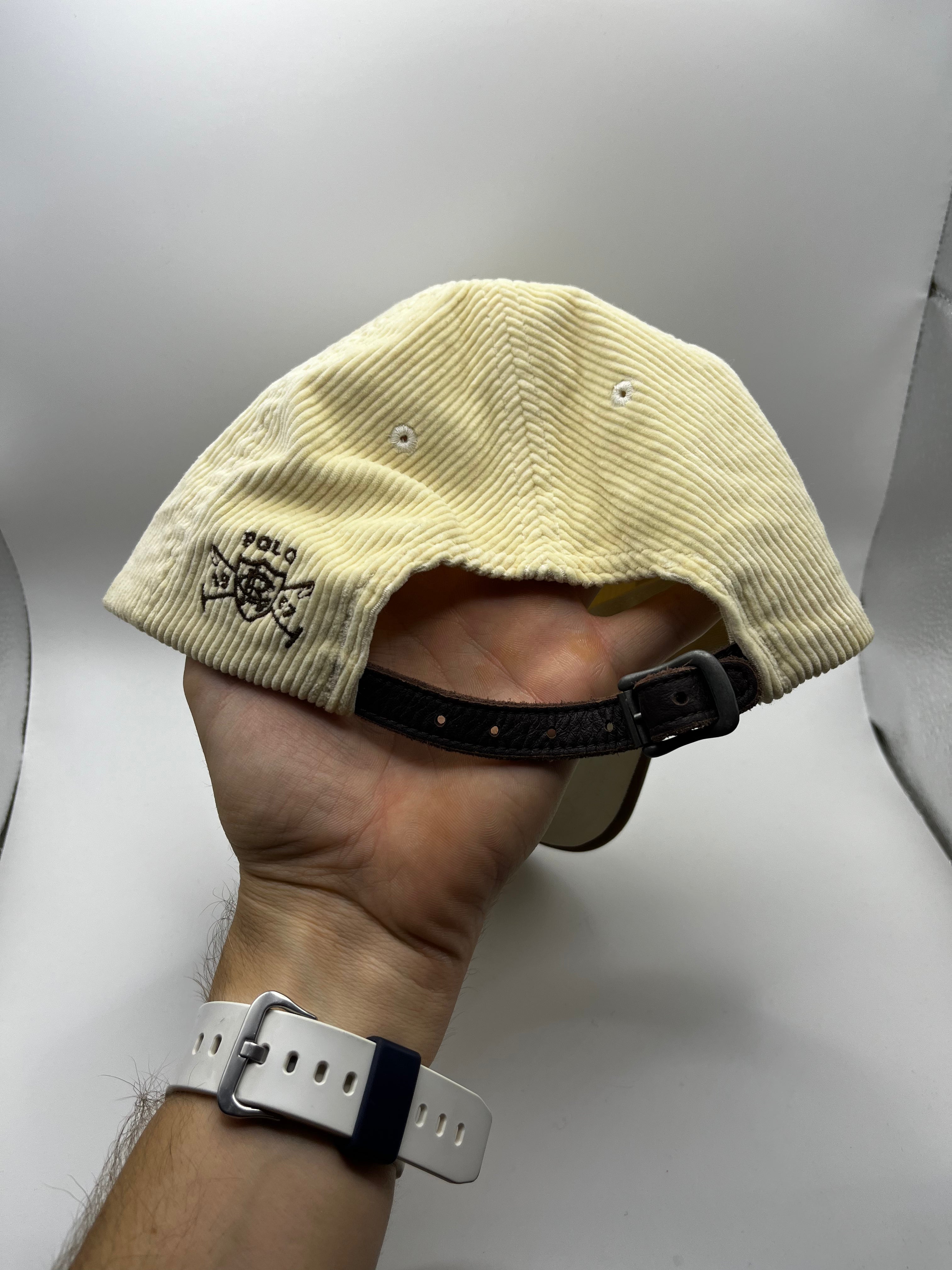 Vintage Polo Ralph Lauren White Corduroy Leather Bill Sportsman Strapback Hat