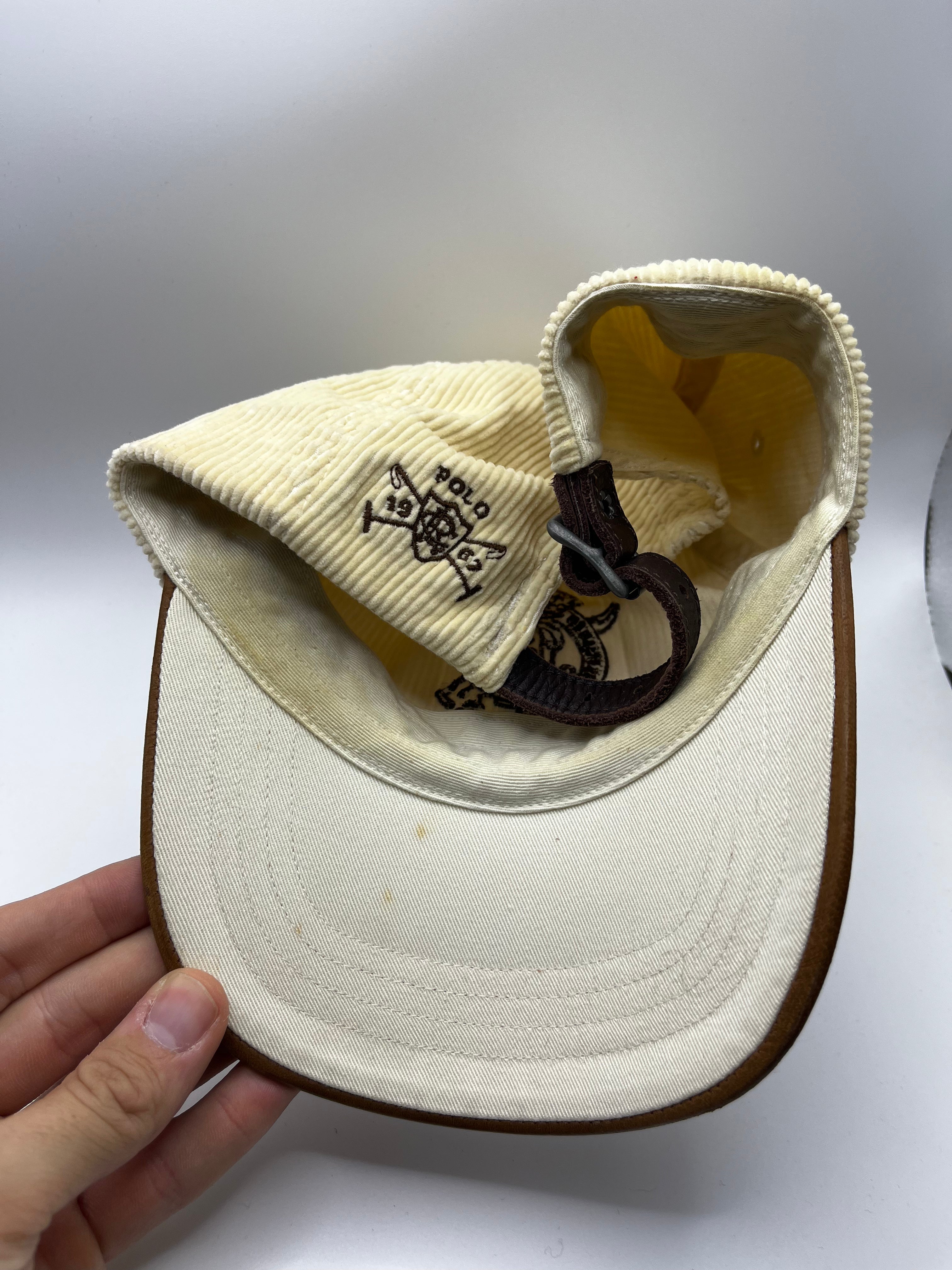 Vintage Polo Ralph Lauren White Corduroy Leather Bill Sportsman Strapback Hat